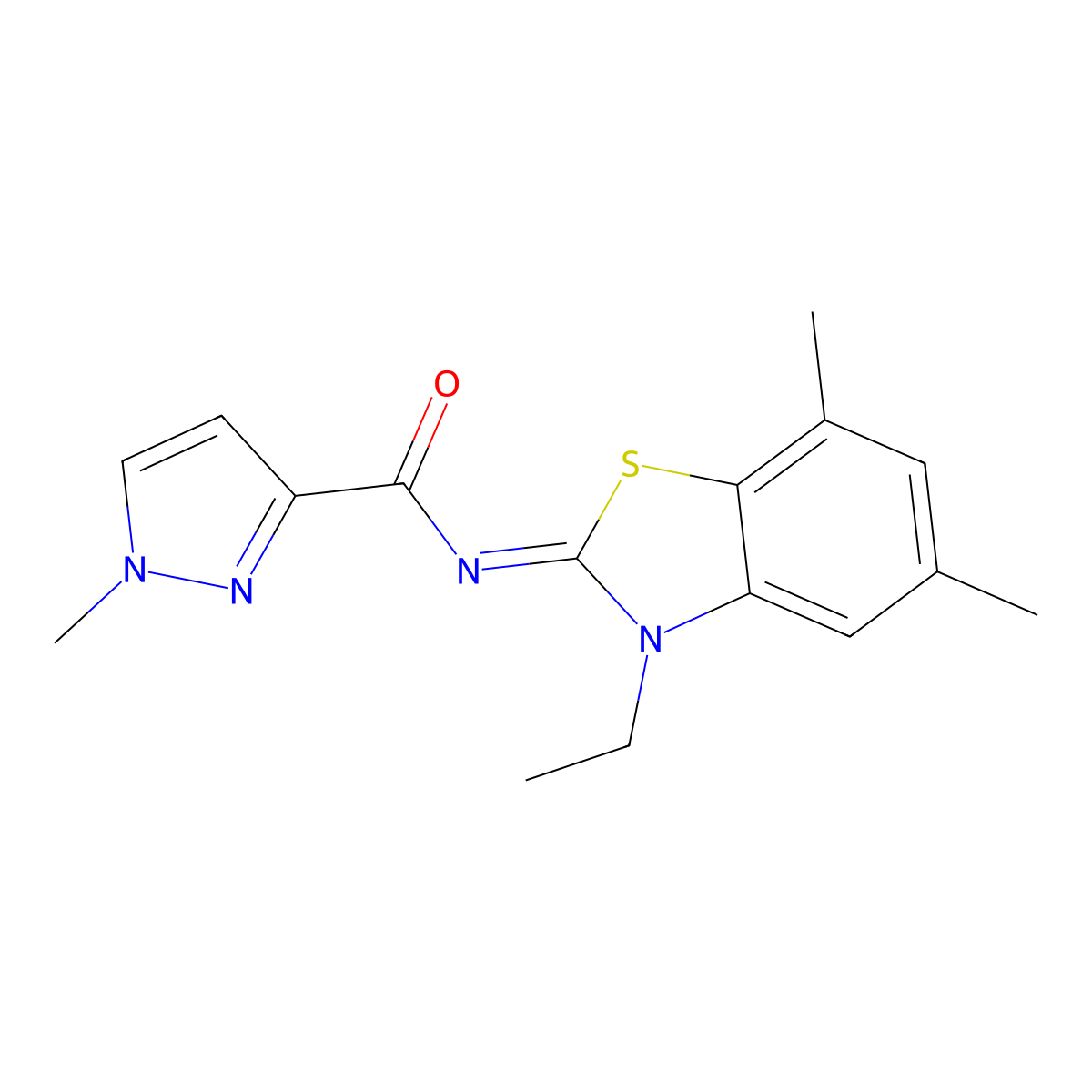 N-(3-ethyl-5,7-dimethylbenzo[d]thiazol-2(3H)-ylidene)-1-methyl-1H-pyrazole-3-carboxamide molecular structure, CAS 1173315-44-0