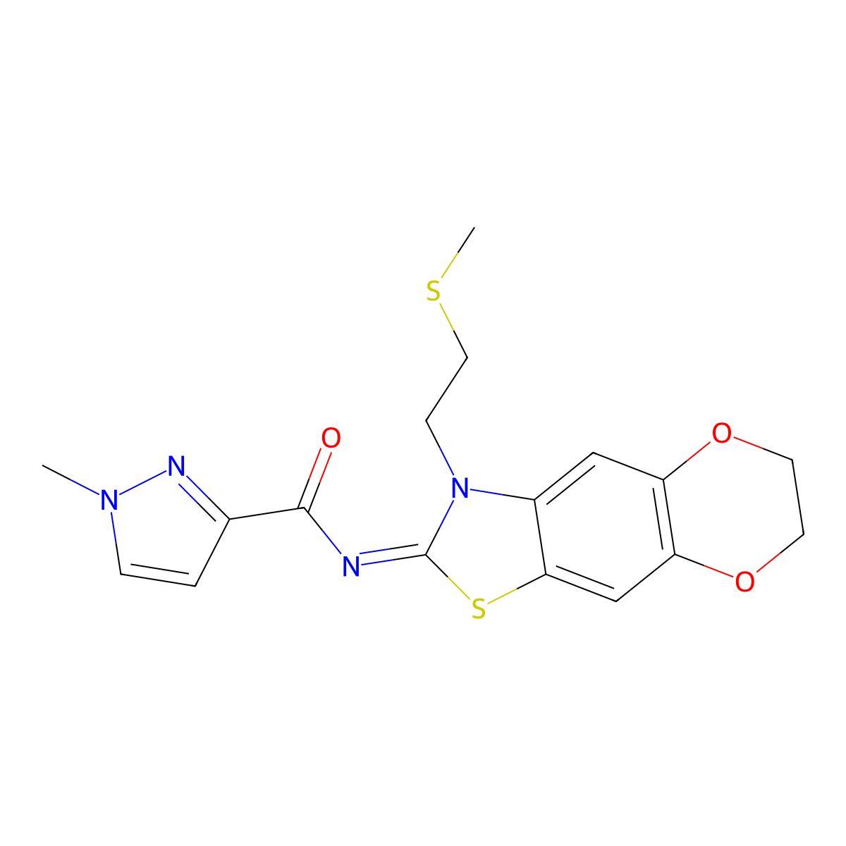 (Z)-1-methyl-N-(3-(2-(methylthio)ethyl)-6,7-dihydro-[1,4]dioxino[2',3':4,5]benzo[1,2-d]thiazol-2(3H)-ylidene)-1H-pyrazole-3-carboxamide molecular structure, CAS 1173317-34-4