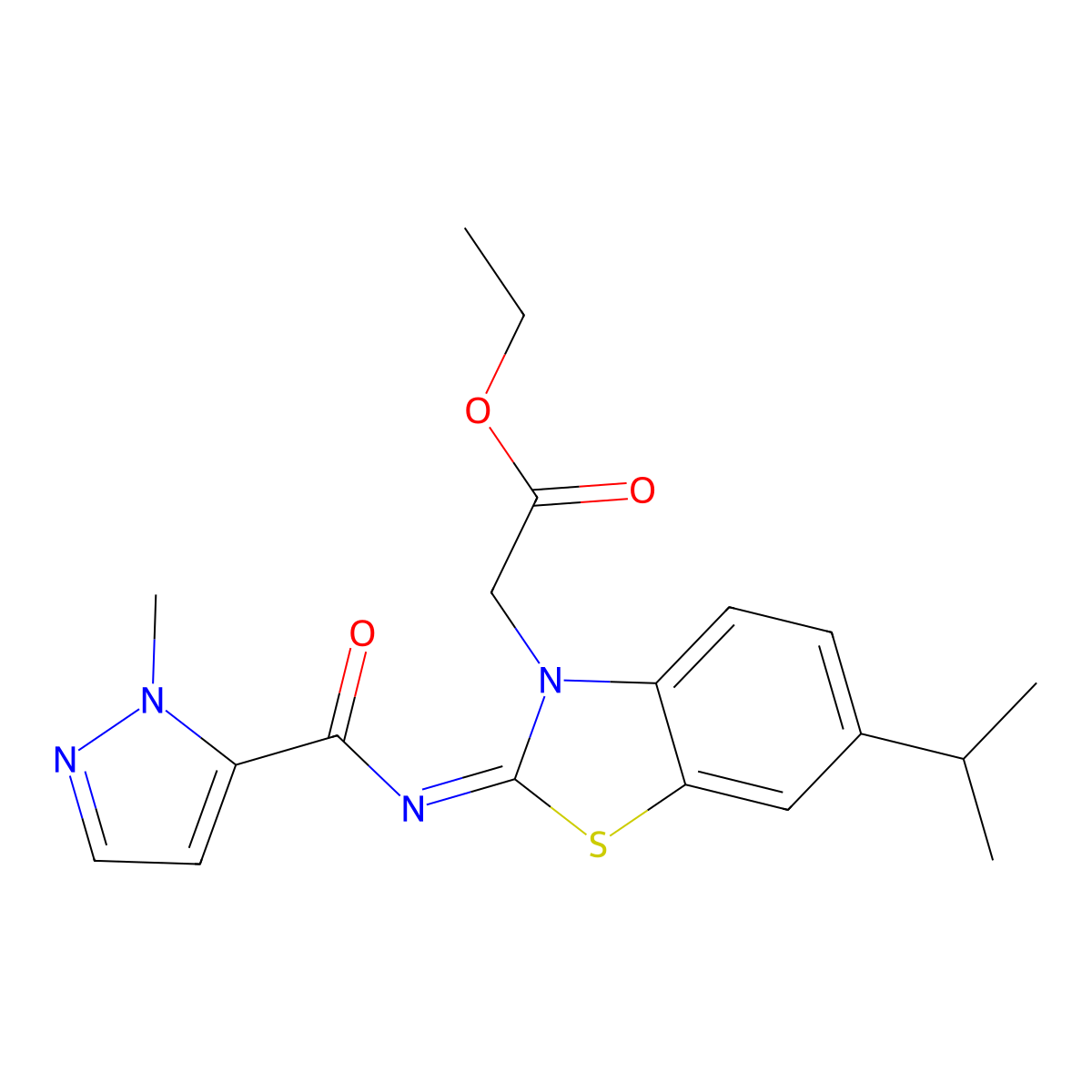 (E)-ethyl 2-(6-isopropyl-2-((1-methyl-1H-pyrazole-5-carbonyl)imino)benzo[d]thiazol-3(2H)-yl)acetate molecular structure, CAS 1173319-40-8