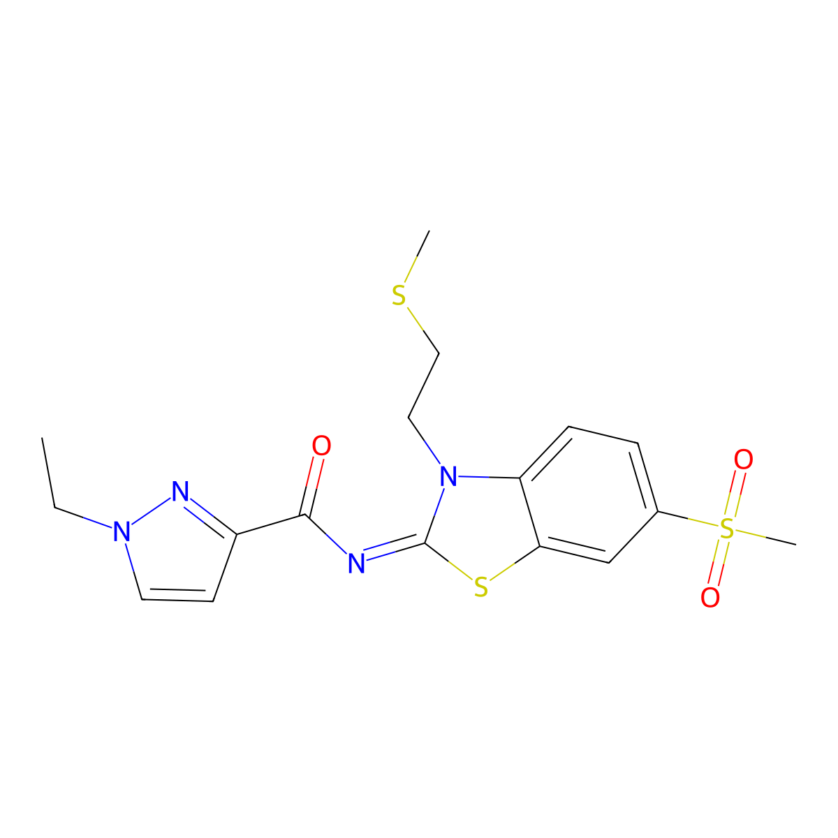 (Z)-1-ethyl-N-(6-(methylsulfonyl)-3-(2-(methylthio)ethyl)benzo[d]thiazol-2(3H)-ylidene)-1H-pyrazole-3-carboxamide molecular structure, CAS 1173319-83-9