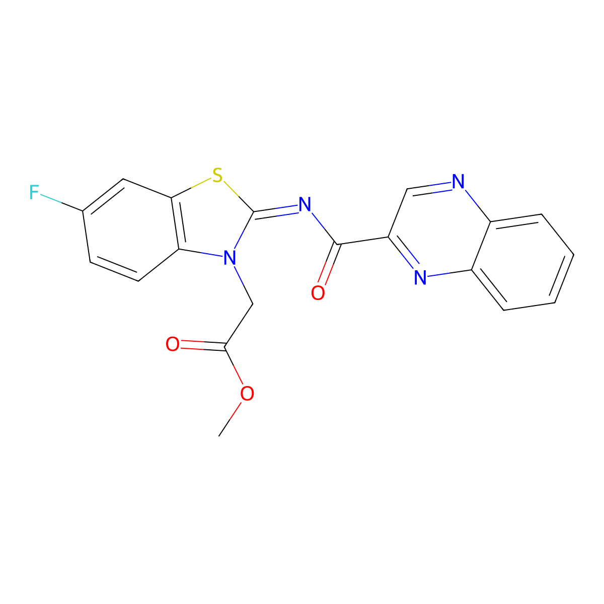 (Z)-methyl 2-(6-fluoro-2-((quinoxaline-2-carbonyl)imino)benzo[d]thiazol-3(2H)-yl)acetate molecular structure, CAS 1173323-45-9