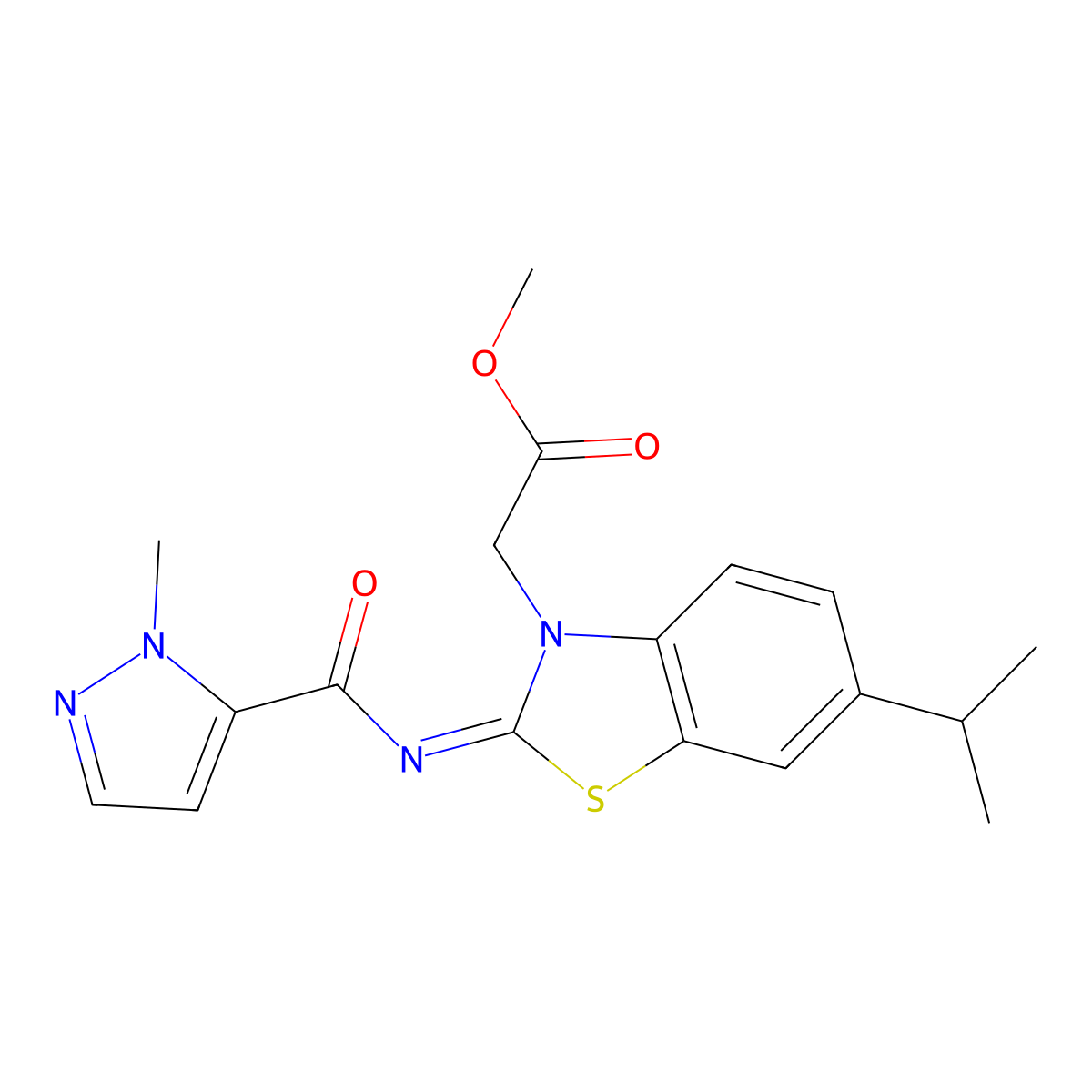 (E)-methyl 2-(6-isopropyl-2-((1-methyl-1H-pyrazole-5-carbonyl)imino)benzo[d]thiazol-3(2H)-yl)acetate molecular structure, CAS 1173323-82-4