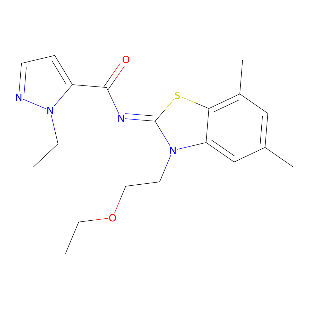 (E)-N-(3-(2-ethoxyethyl)-5,7-dimethylbenzo[d]thiazol-2(3H)-ylidene)-1-ethyl-1H-pyrazole-5-carboxamide molecular structure, CAS 1173327-52-0