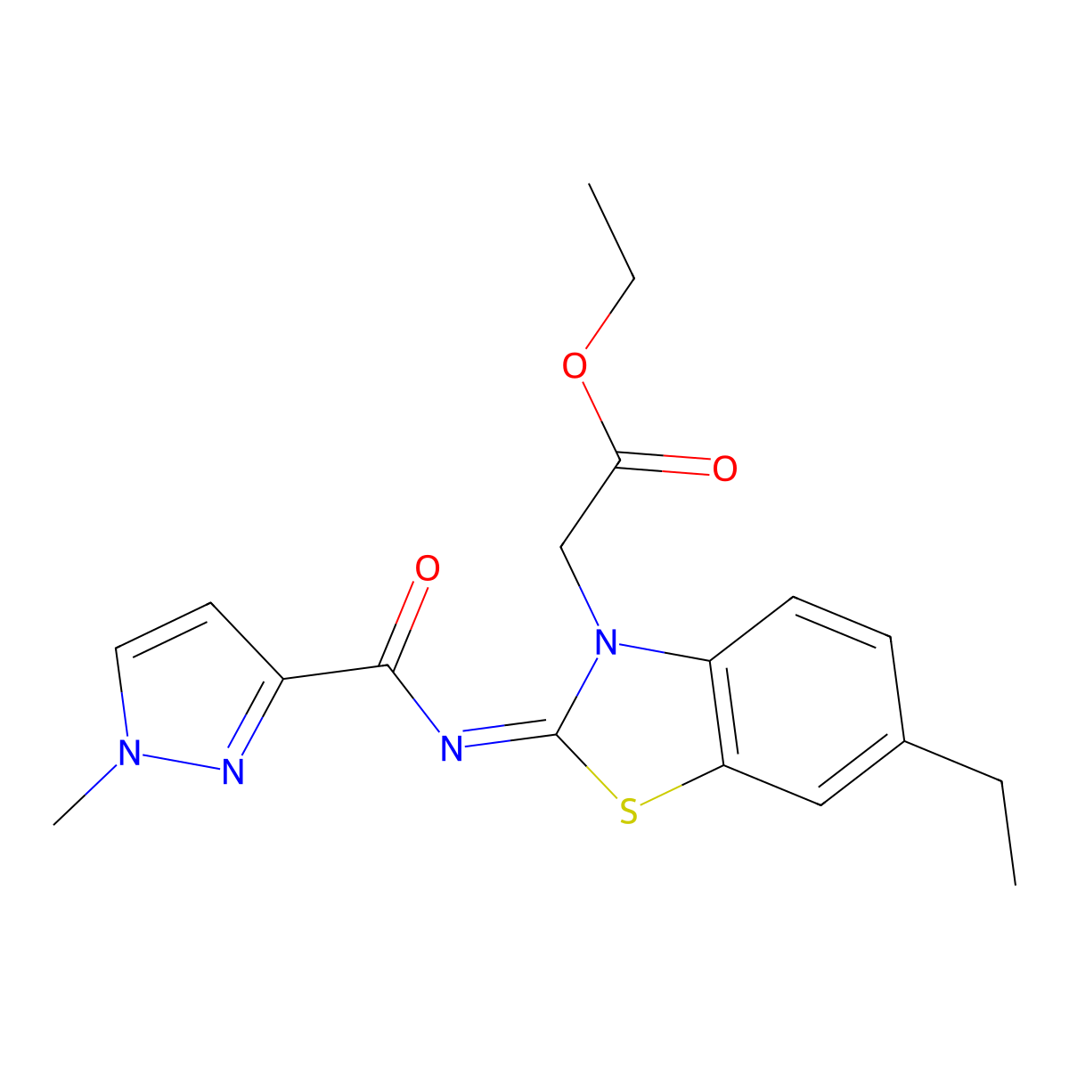 (Z)-ethyl 2-(6-ethyl-2-((1-methyl-1H-pyrazole-3-carbonyl)imino)benzo[d]thiazol-3(2H)-yl)acetate molecular structure, CAS 1173343-21-9