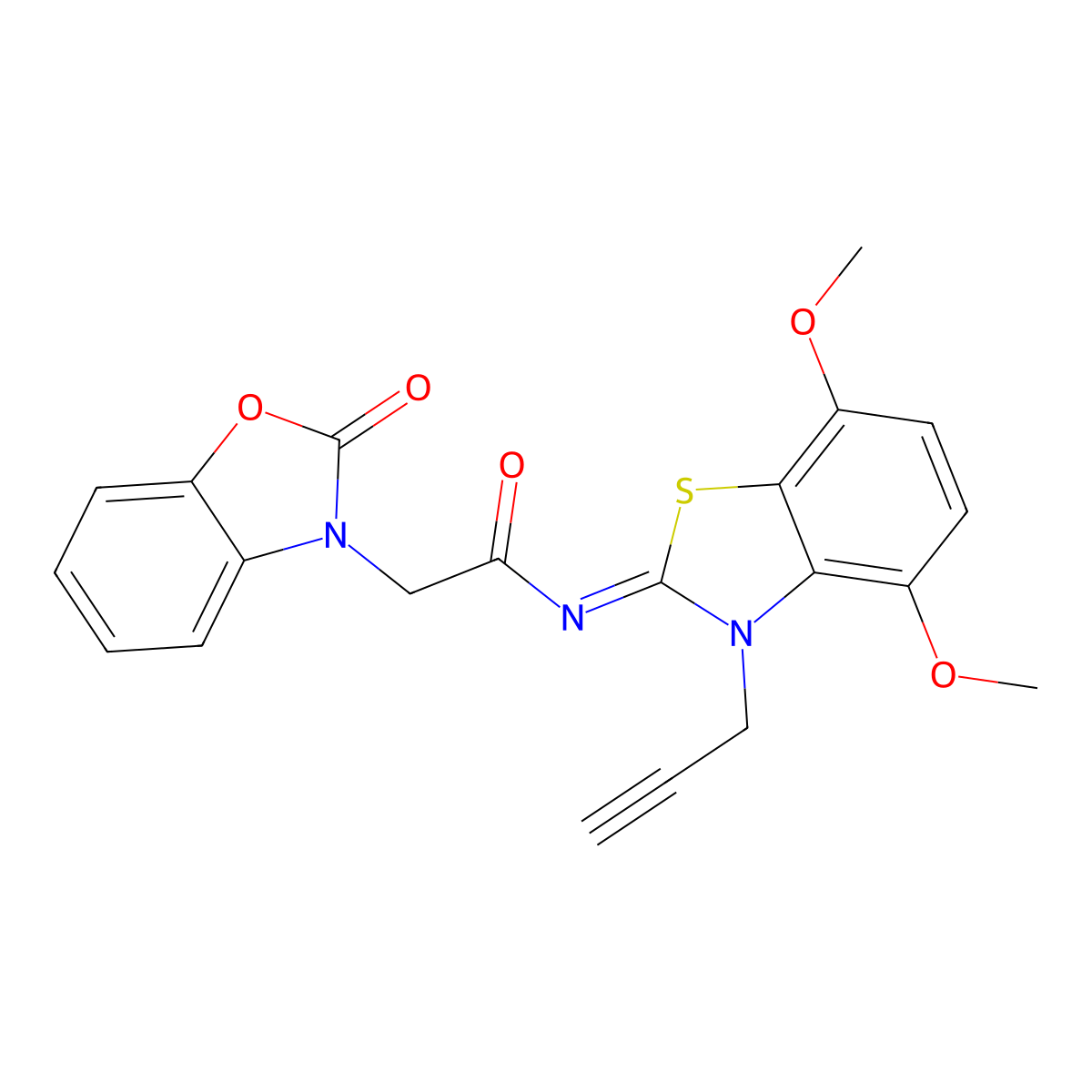 (E)-N-(4,7-dimethoxy-3-(prop-2-yn-1-yl)benzo[d]thiazol-2(3H)-ylidene)-2-(2-oxobenzo[d]oxazol-3(2H)-yl)acetamide molecular structure, CAS 1173347-68-6