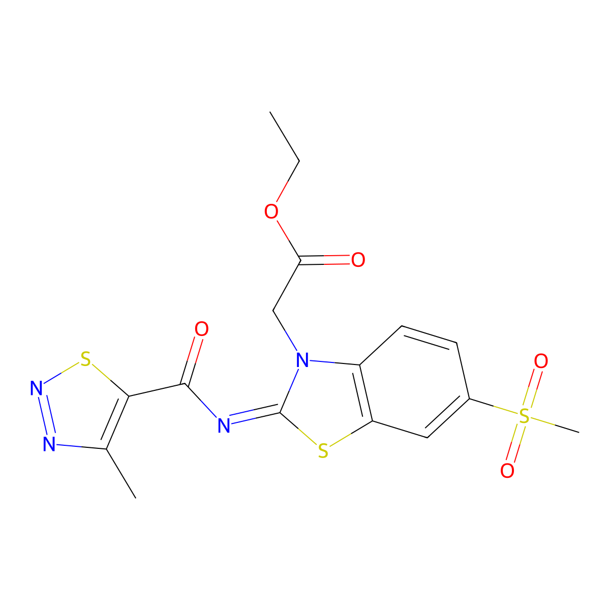 (Z)-ethyl 2-(2-((4-methyl-1,2,3-thiadiazole-5-carbonyl)imino)-6-(methylsulfonyl)benzo[d]thiazol-3(2H)-yl)acetate molecular structure, CAS 1173350-17-8
