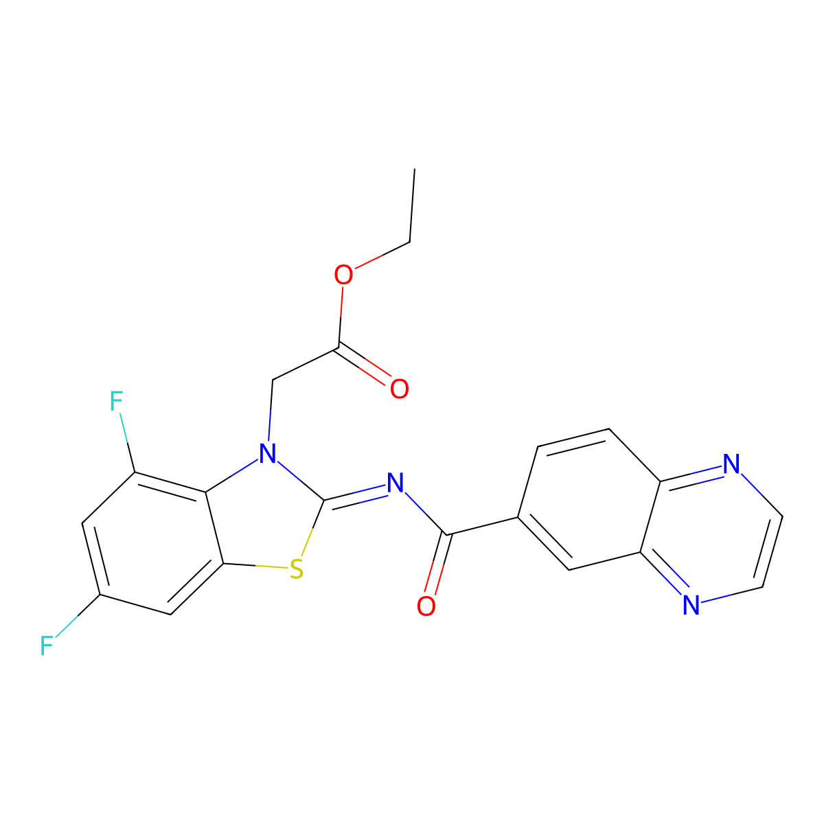 (E)-ethyl 2-(4,6-difluoro-2-((quinoxaline-6-carbonyl)imino)benzo[d]thiazol-3(2H)-yl)acetate molecular structure, CAS 1173357-58-8