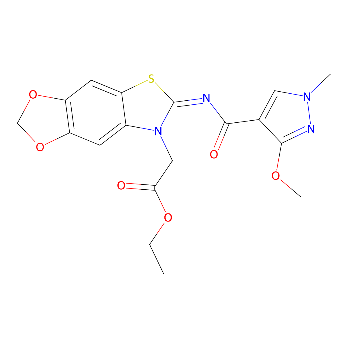 (Z)-ethyl 2-(6-((3-methoxy-1-methyl-1H-pyrazole-4-carbonyl)imino)-[1,3]dioxolo[4',5':4,5]benzo[1,2-d]thiazol-7(6H)-yl)acetate molecular structure, CAS 1173368-29-0