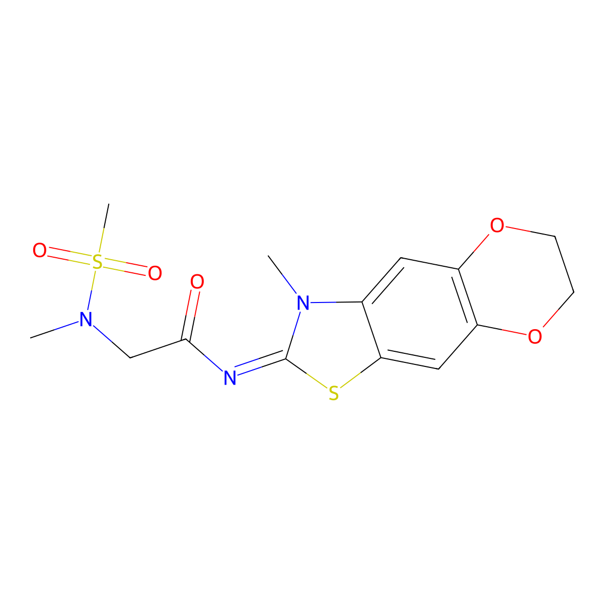 N-[(5E)-6-methyl-10,13-dioxa-4-thia-6-azatricyclo[7.4.0.0^{3,7}]trideca-1,3(7),8-trien-5-ylidene]-2-(N-methylmethanesulfonamido)acetamide molecular structure, CAS 1173368-46-1