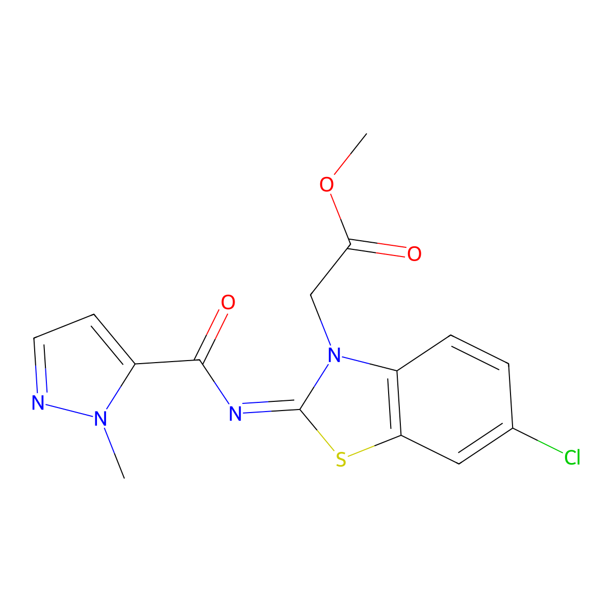 (E)-methyl 2-(6-chloro-2-((1-methyl-1H-pyrazole-5-carbonyl)imino)benzo[d]thiazol-3(2H)-yl)acetate molecular structure, CAS 1173368-49-4