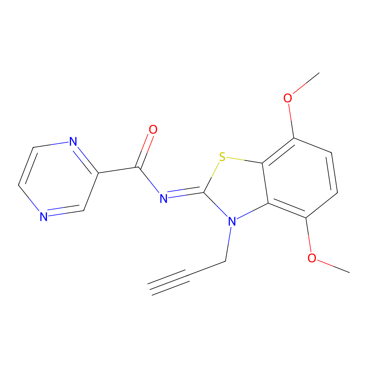 (E)-N-(4,7-dimethoxy-3-(prop-2-yn-1-yl)benzo[d]thiazol-2(3H)-ylidene)pyrazine-2-carboxamide molecular structure, CAS 1173373-28-8
