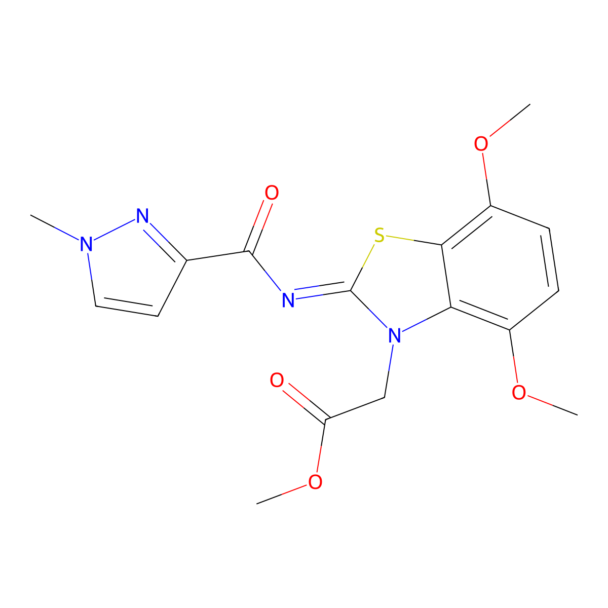 (Z)-methyl 2-(4,7-dimethoxy-2-((1-methyl-1H-pyrazole-3-carbonyl)imino)benzo[d]thiazol-3(2H)-yl)acetate molecular structure, CAS 1173373-75-5