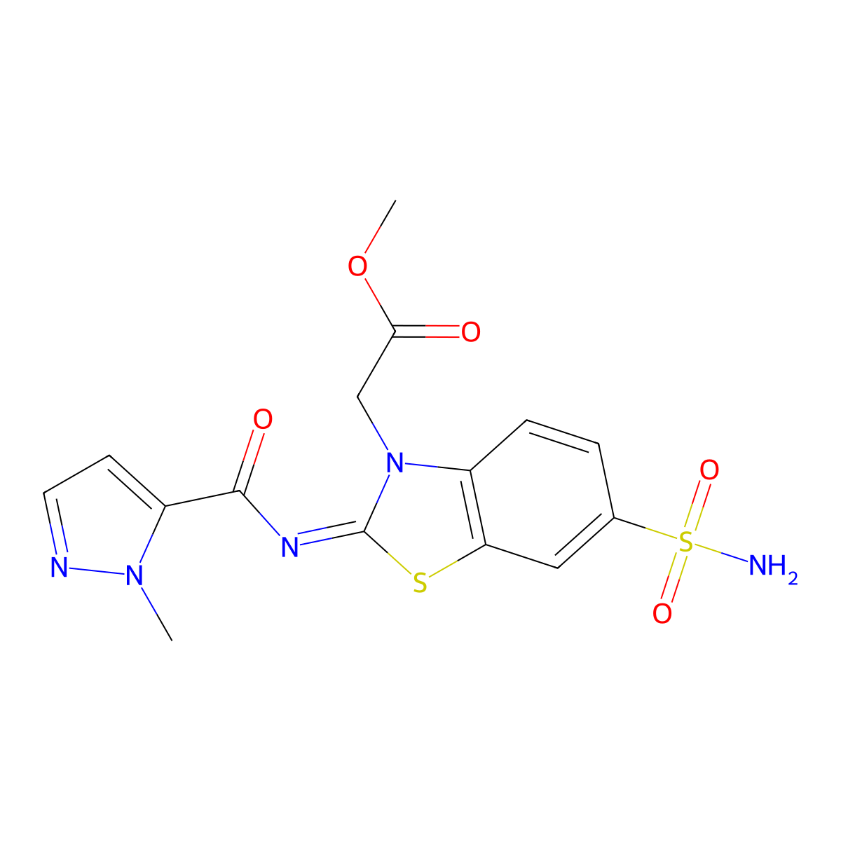 (E)-methyl 2-(2-((1-methyl-1H-pyrazole-5-carbonyl)imino)-6-sulfamoylbenzo[d]thiazol-3(2H)-yl)acetate molecular structure, CAS 1173373-82-4