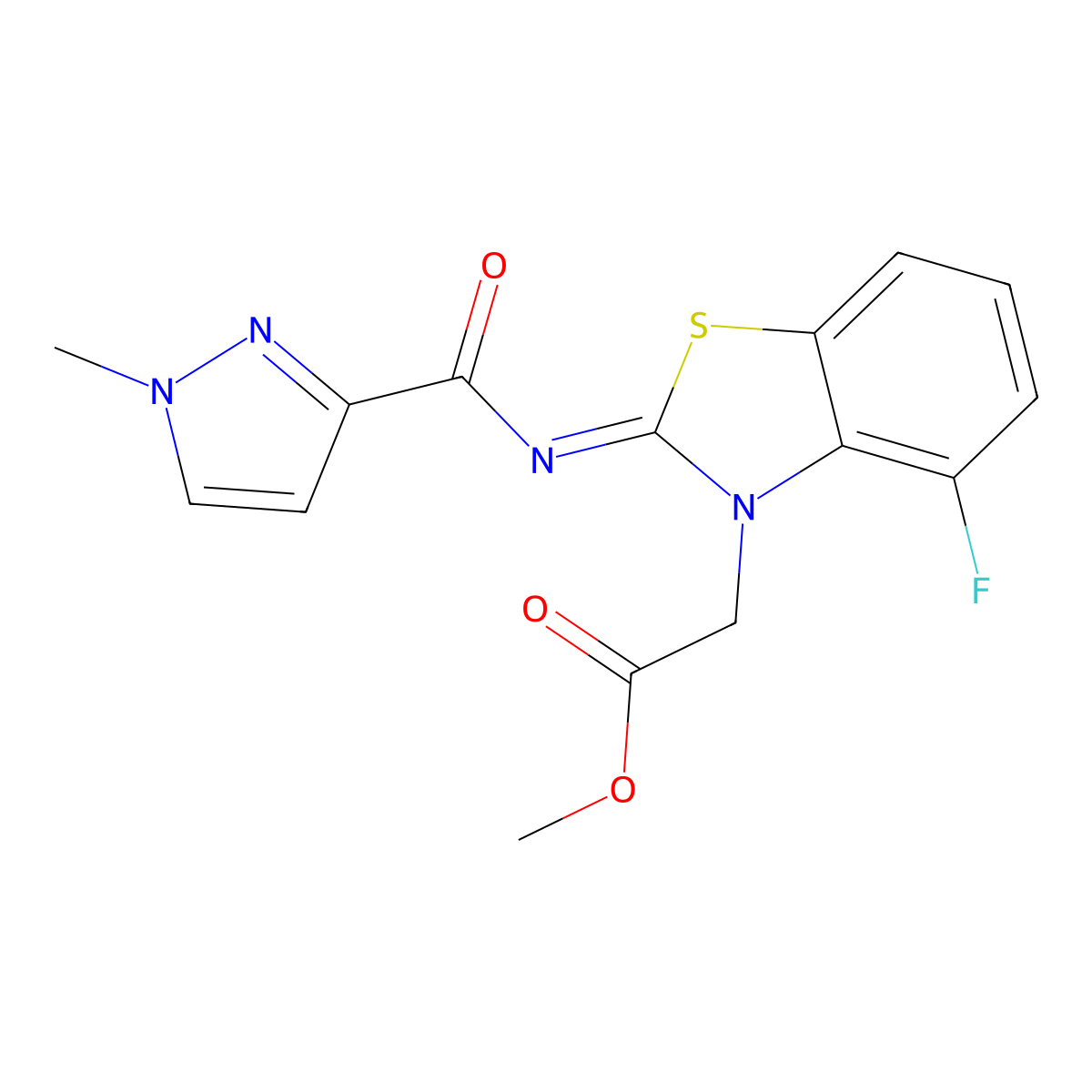 (Z)-methyl 2-(4-fluoro-2-((1-methyl-1H-pyrazole-3-carbonyl)imino)benzo[d]thiazol-3(2H)-yl)acetate molecular structure, CAS 1173374-97-4