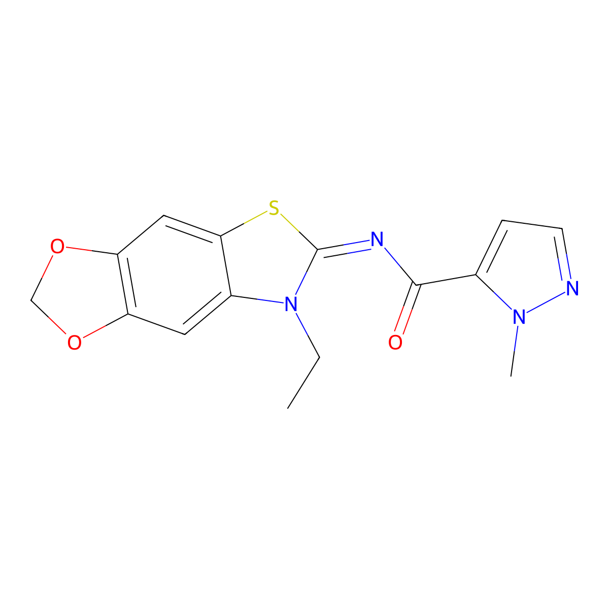 N-[(11E)-12-ethyl-4,6-dioxa-10-thia-12-azatricyclo[7.3.0.0^{3,7}]dodeca-1(9),2,7-trien-11-ylidene]-1-methyl-1H-pyrazole-5-carboxamide molecular structure, CAS 1173378-28-3
