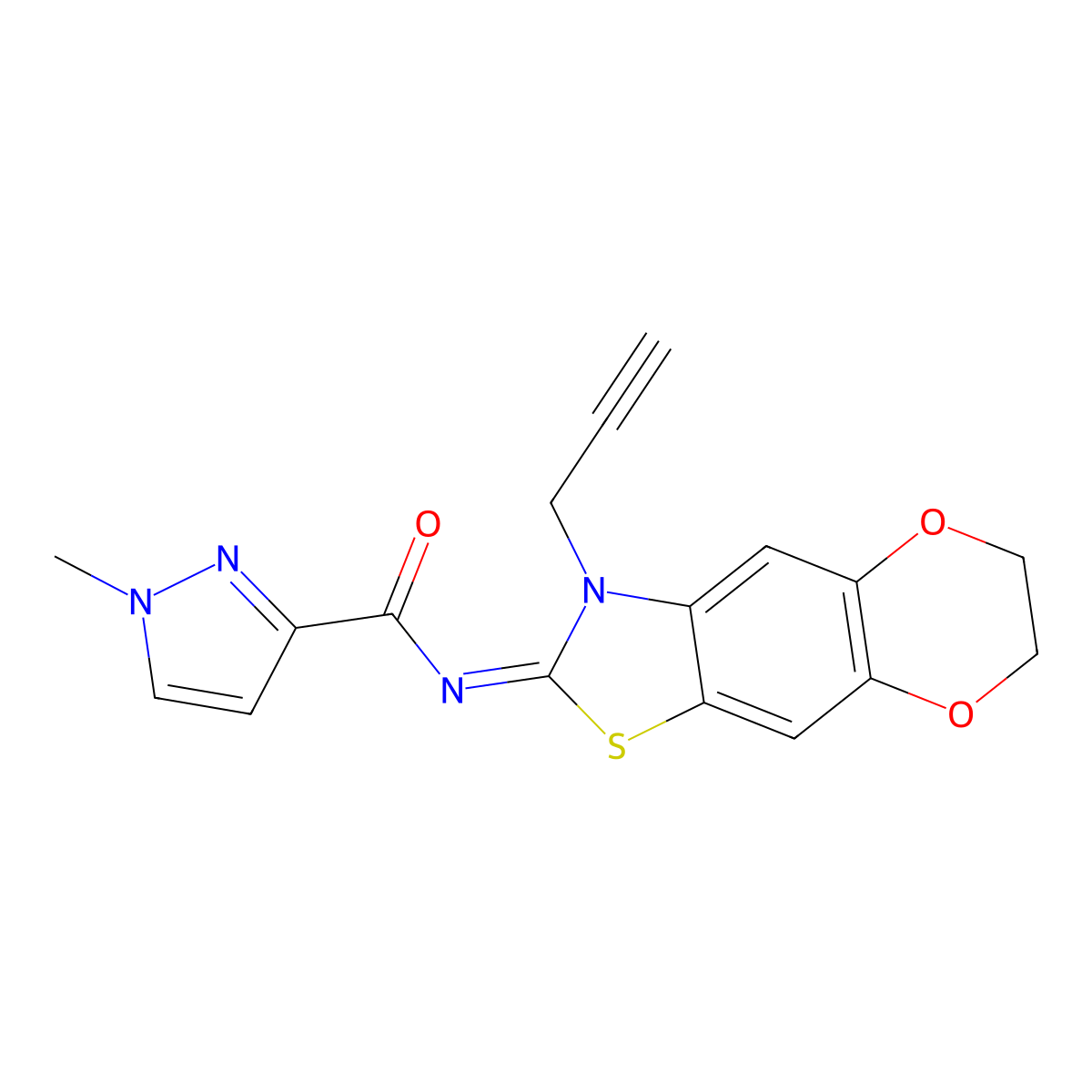 (Z)-1-methyl-N-(3-(prop-2-yn-1-yl)-6,7-dihydro-[1,4]dioxino[2',3':4,5]benzo[1,2-d]thiazol-2(3H)-ylidene)-1H-pyrazole-3-carboxamide molecular structure, CAS 1173388-52-7