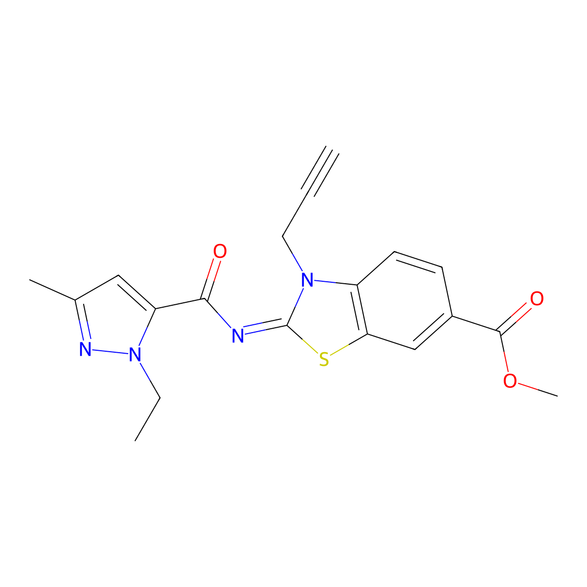 (E)-methyl 2-((1-ethyl-3-methyl-1H-pyrazole-5-carbonyl)imino)-3-(prop-2-yn-1-yl)-2,3-dihydrobenzo[d]thiazole-6-carboxylate molecular structure, CAS 1173389-25-7