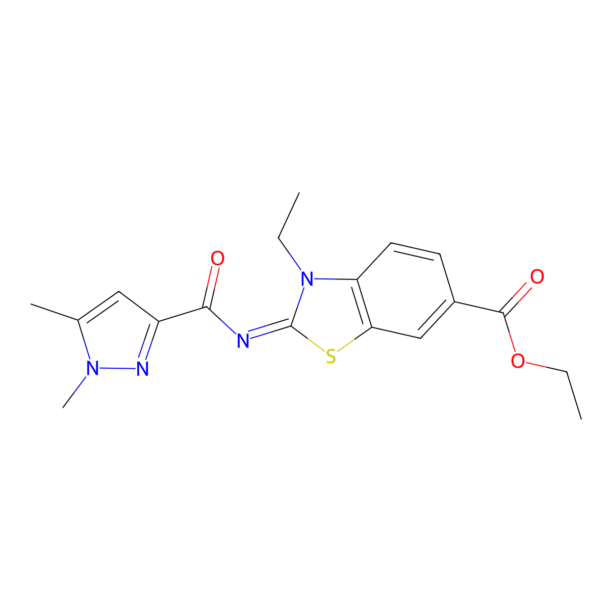 ethyl 2-((1,5-dimethyl-1H-pyrazole-3-carbonyl)imino)-3-ethyl-2,3-dihydrobenzo[d]thiazole-6-carboxylate molecular structure, CAS 1173390-26-5
