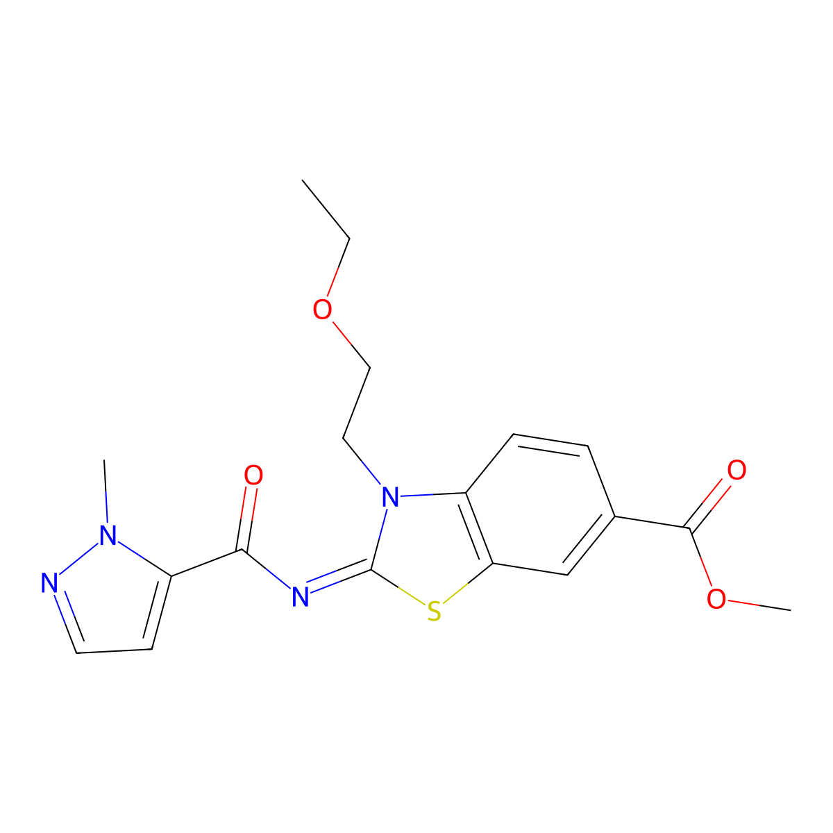 methyl (2E)-3-(2-ethoxyethyl)-2-[(1-methyl-1H-pyrazole-5-carbonyl)imino]-2,3-dihydro-1,3-benzothiazole-6-carboxylate molecular structure, CAS 1173390-70-9