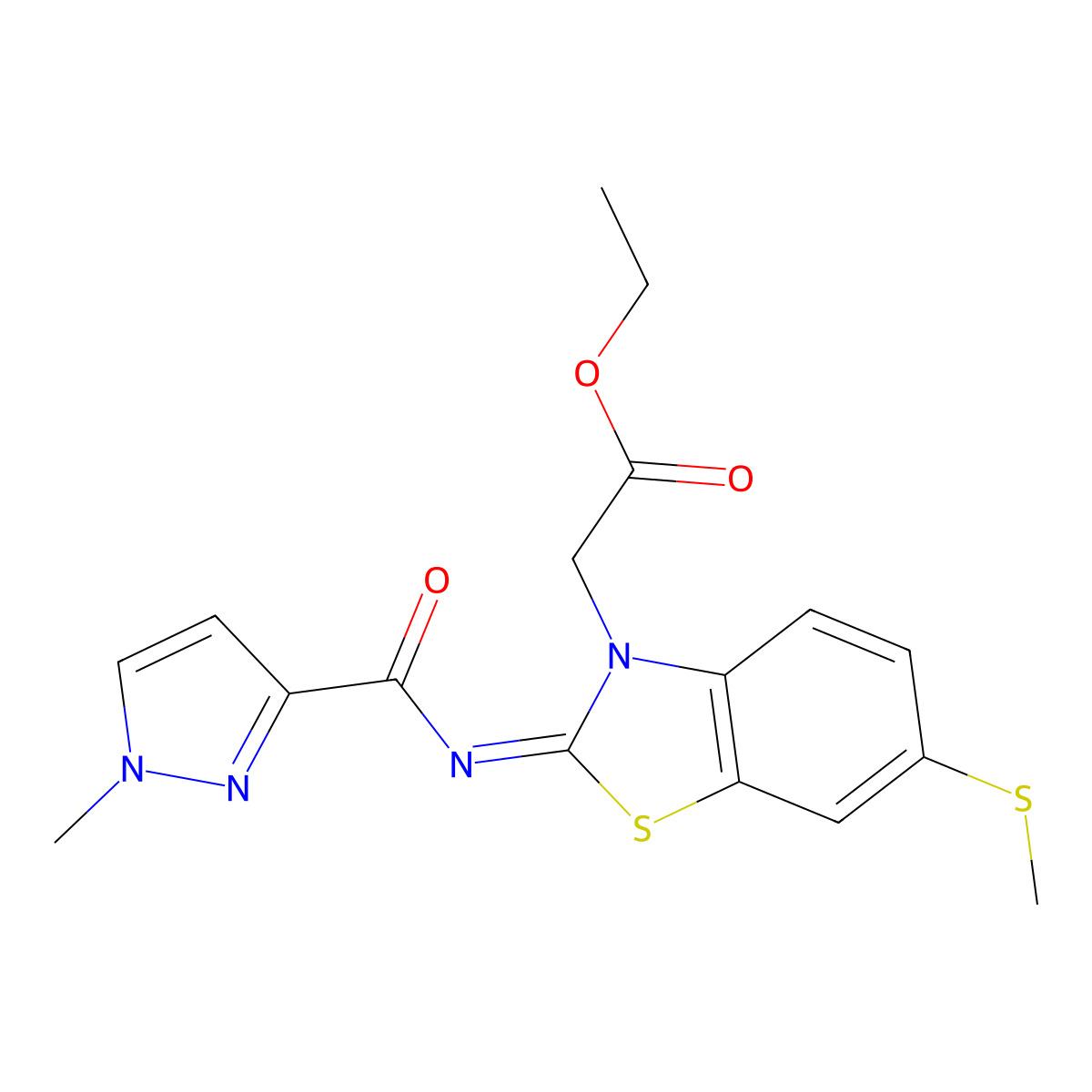 (Z)-ethyl 2-(2-((1-methyl-1H-pyrazole-3-carbonyl)imino)-6-(methylthio)benzo[d]thiazol-3(2H)-yl)acetate molecular structure, CAS 1173409-05-6