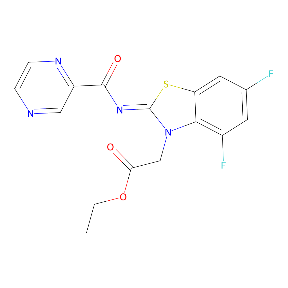 (E)-ethyl 2-(4,6-difluoro-2-((pyrazine-2-carbonyl)imino)benzo[d]thiazol-3(2H)-yl)acetate molecular structure, CAS 1173411-41-0