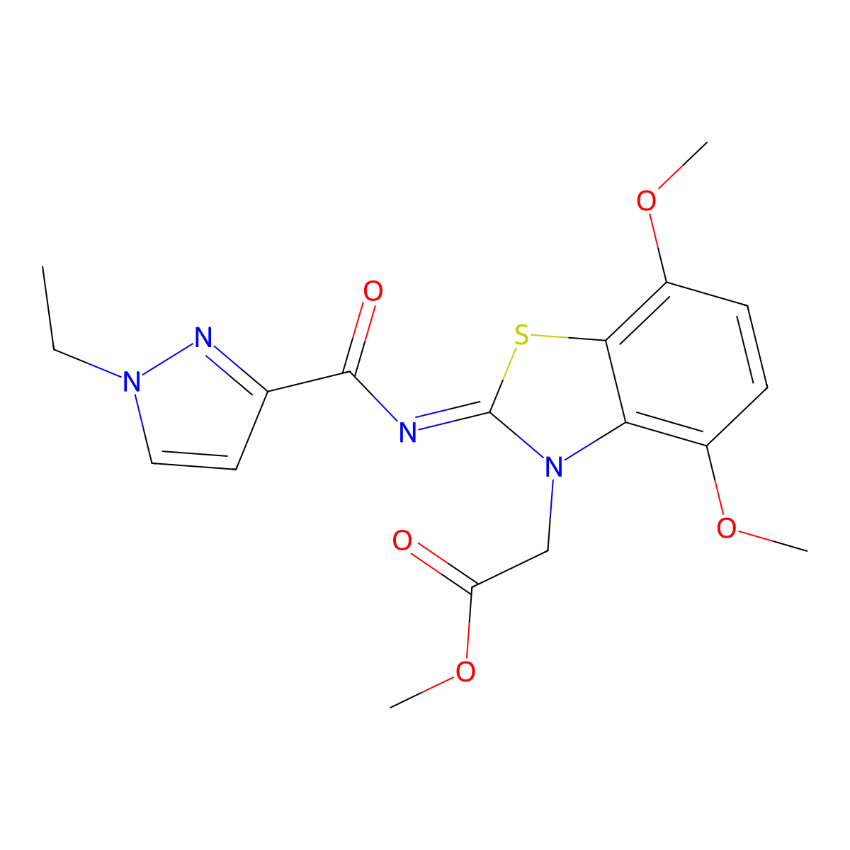 (Z)-methyl 2-(2-((1-ethyl-1H-pyrazole-3-carbonyl)imino)-4,7-dimethoxybenzo[d]thiazol-3(2H)-yl)acetate molecular structure, CAS 1173417-54-3