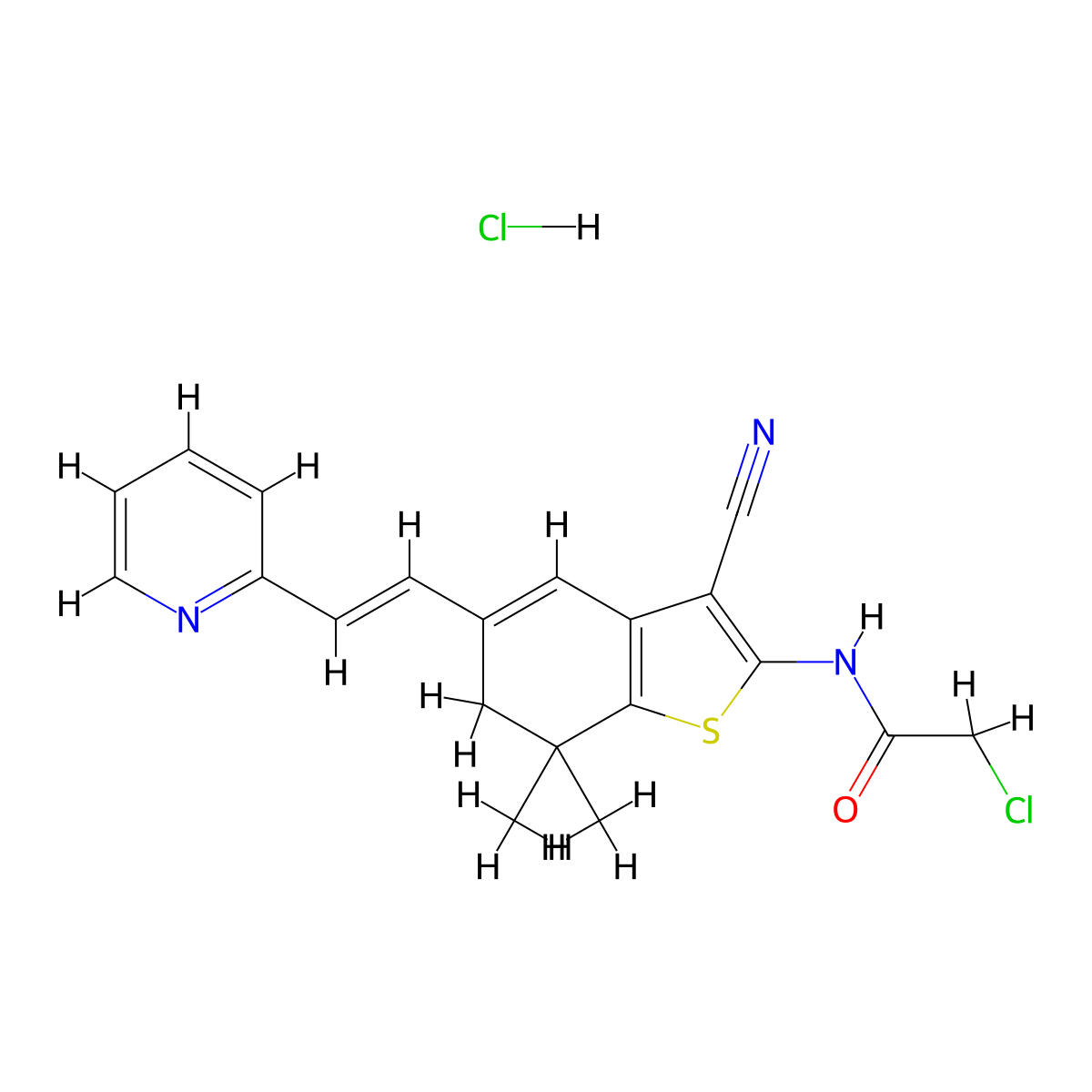 2-Chloro-N-{3-cyano-7,7-dimethyl-5-[2-(pyridin-2-yl)ethenyl]-6,7-dihydro-1-benzothiophen-2-yl}acetamide hydrochloride molecular structure, CAS 1173419-95-8