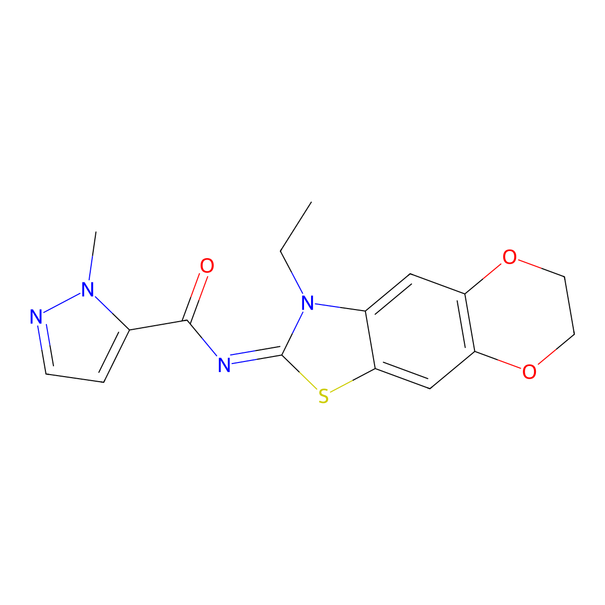 N-[(5E)-6-ethyl-10,13-dioxa-4-thia-6-azatricyclo[7.4.0.0^{3,7}]trideca-1,3(7),8-trien-5-ylidene]-1-methyl-1H-pyrazole-5-carboxamide molecular structure, CAS 1173425-01-8