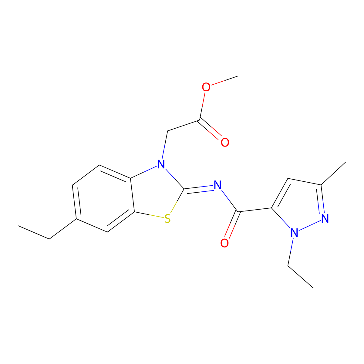 (E)-methyl 2-(6-ethyl-2-((1-ethyl-3-methyl-1H-pyrazole-5-carbonyl)imino)benzo[d]thiazol-3(2H)-yl)acetate molecular structure, CAS 1173435-94-3