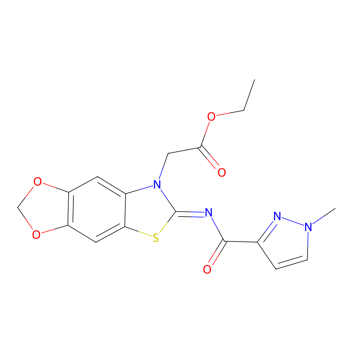 (Z)-ethyl 2-(6-((1-methyl-1H-pyrazole-3-carbonyl)imino)-[1,3]dioxolo[4',5':4,5]benzo[1,2-d]thiazol-7(6H)-yl)acetate molecular structure, CAS 1173454-05-1