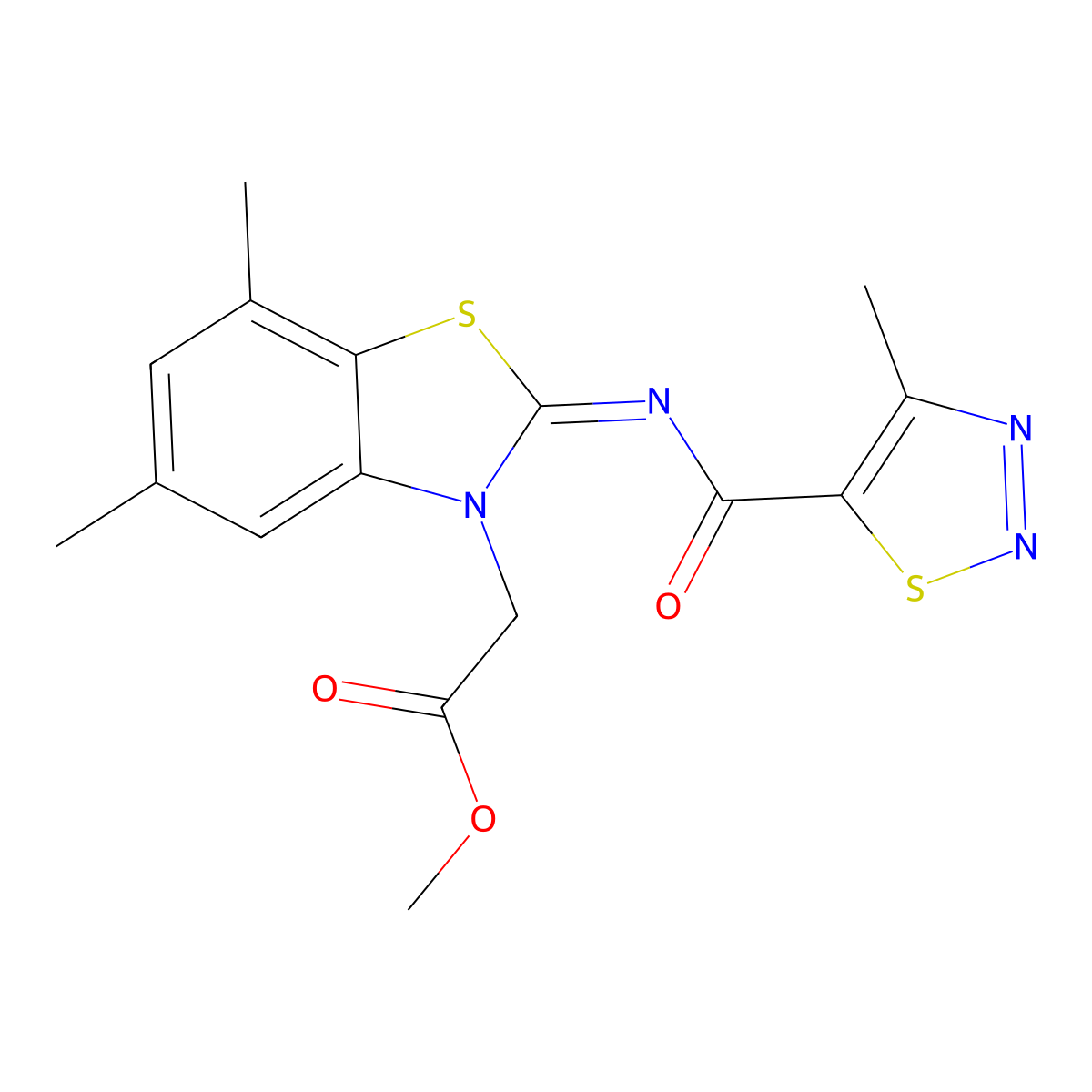 (Z)-methyl 2-(5,7-dimethyl-2-((4-methyl-1,2,3-thiadiazole-5-carbonyl)imino)benzo[d]thiazol-3(2H)-yl)acetate molecular structure, CAS 1173456-39-7
