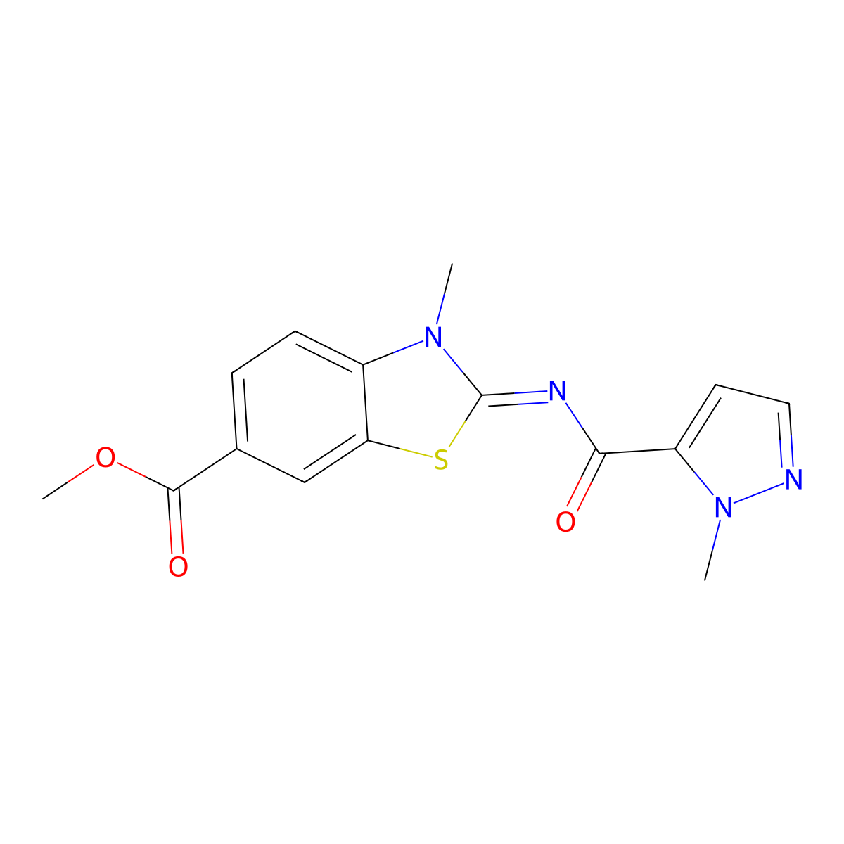 (E)-methyl 3-methyl-2-((1-methyl-1H-pyrazole-5-carbonyl)imino)-2,3-dihydrobenzo[d]thiazole-6-carboxylate molecular structure, CAS 1173465-29-6