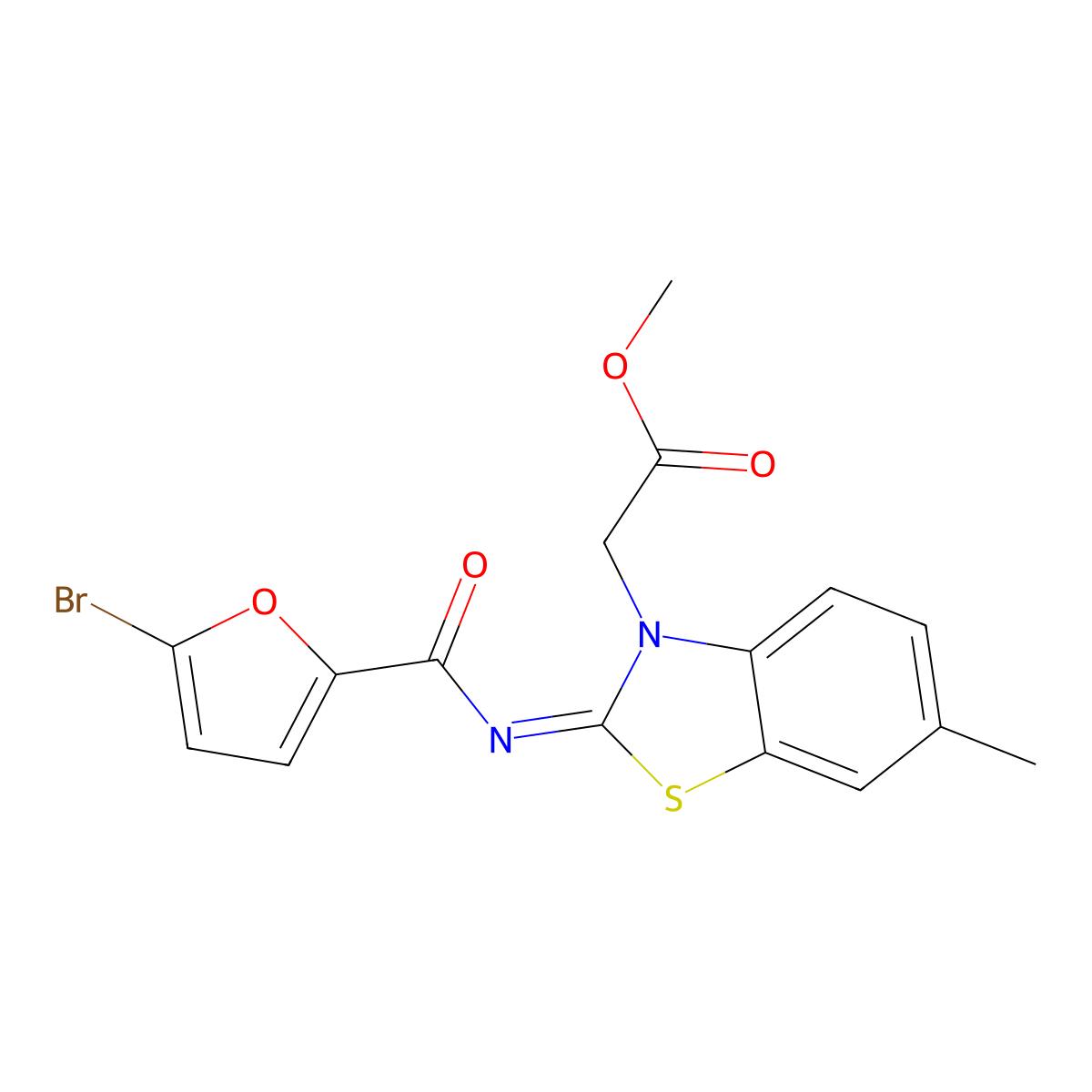 (E)-methyl 2-(2-((5-bromofuran-2-carbonyl)imino)-6-methylbenzo[d]thiazol-3(2H)-yl)acetate molecular structure, CAS 1173476-42-0