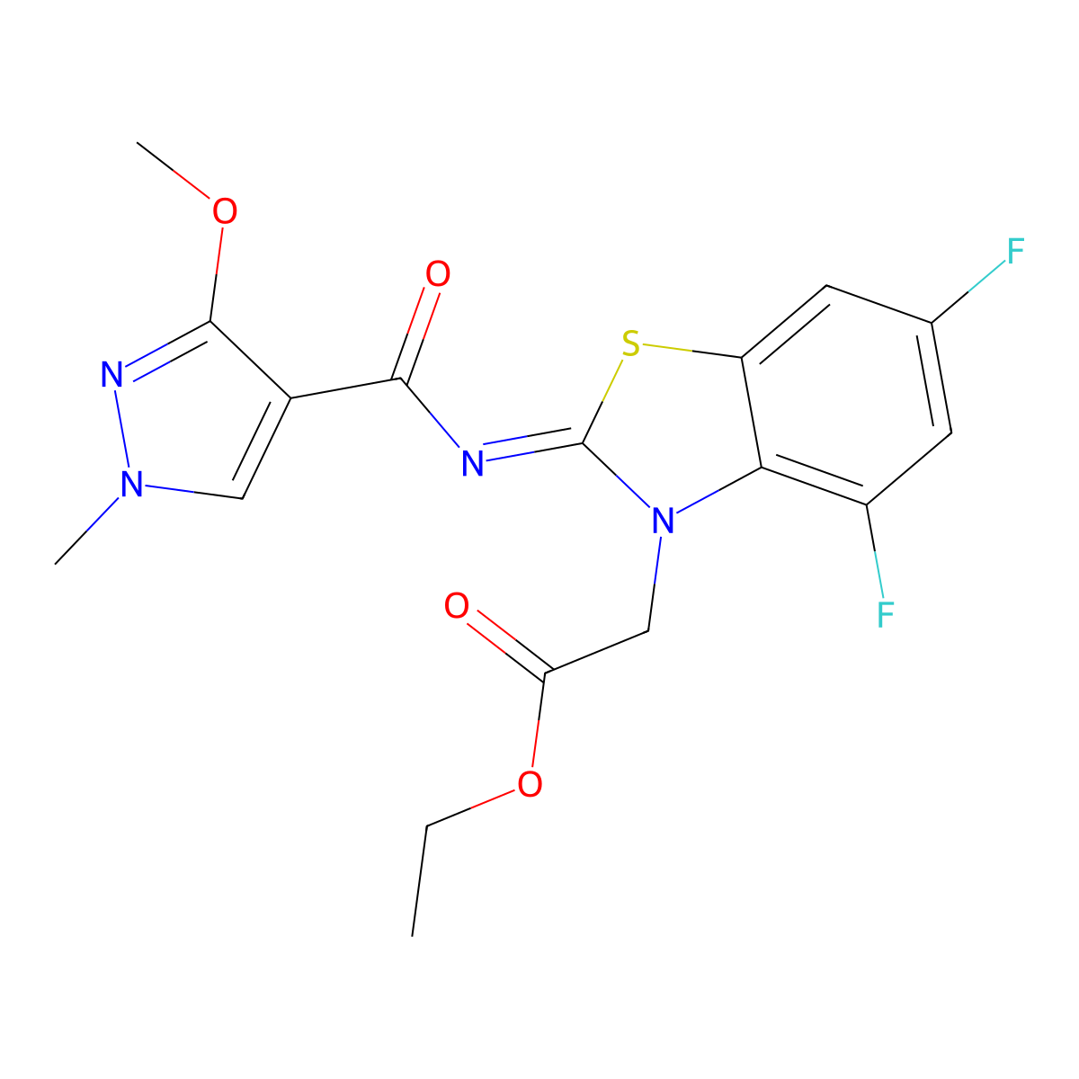 (Z)-ethyl 2-(4,6-difluoro-2-((3-methoxy-1-methyl-1H-pyrazole-4-carbonyl)imino)benzo[d]thiazol-3(2H)-yl)acetate molecular structure, CAS 1173478-77-7