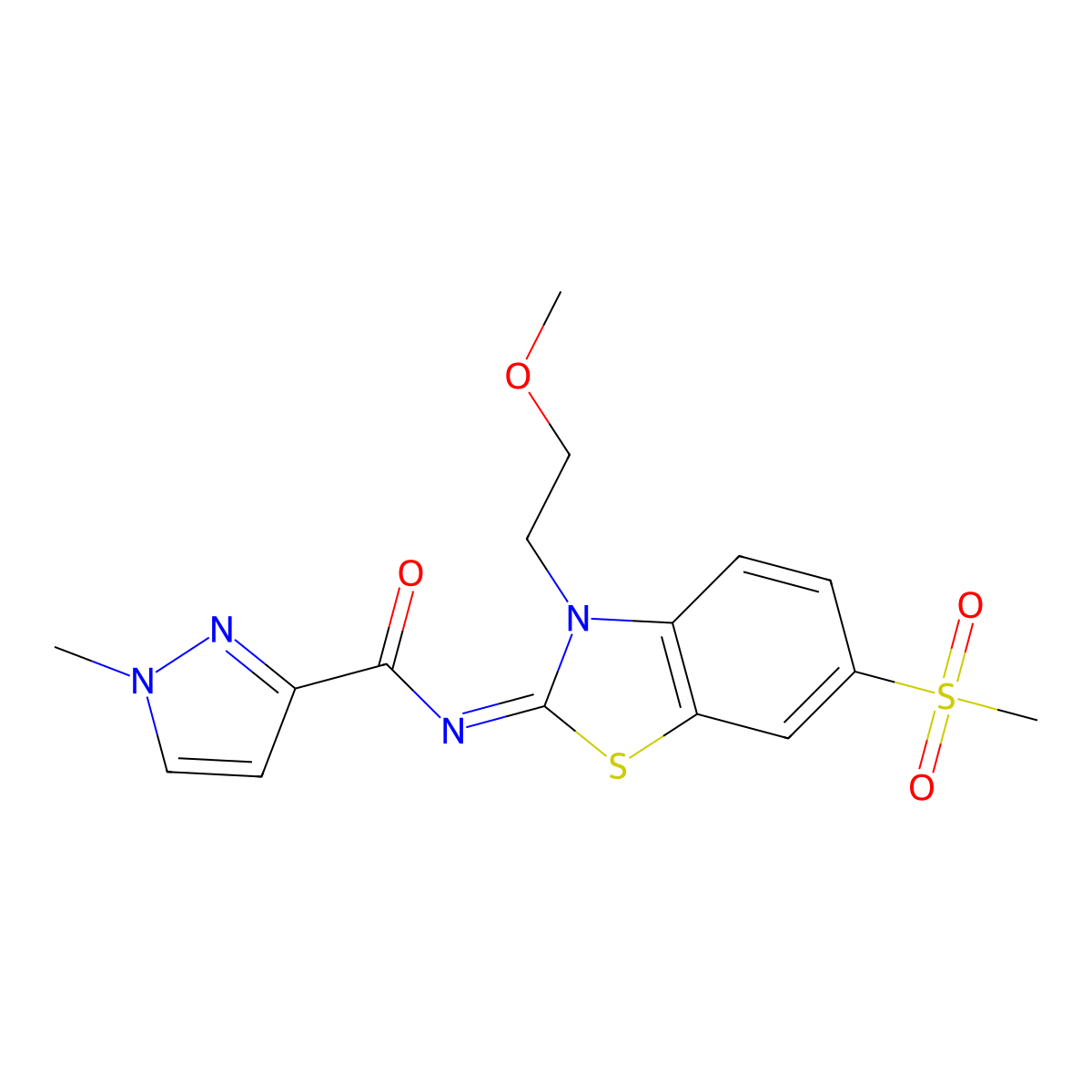 N-(3-(2-methoxyethyl)-6-(methylsulfonyl)benzo[d]thiazol-2(3H)-ylidene)-1-methyl-1H-pyrazole-3-carboxamide molecular structure, CAS 1173484-85-9
