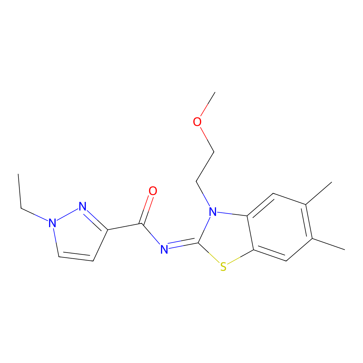 (Z)-1-ethyl-N-(3-(2-methoxyethyl)-5,6-dimethylbenzo[d]thiazol-2(3H)-ylidene)-1H-pyrazole-3-carboxamide molecular structure, CAS 1173487-32-5