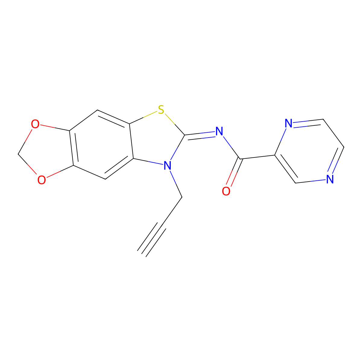 (E)-N-(7-(prop-2-yn-1-yl)-[1,3]dioxolo[4',5':4,5]benzo[1,2-d]thiazol-6(7H)-ylidene)pyrazine-2-carboxamide molecular structure, CAS 1173491-45-6