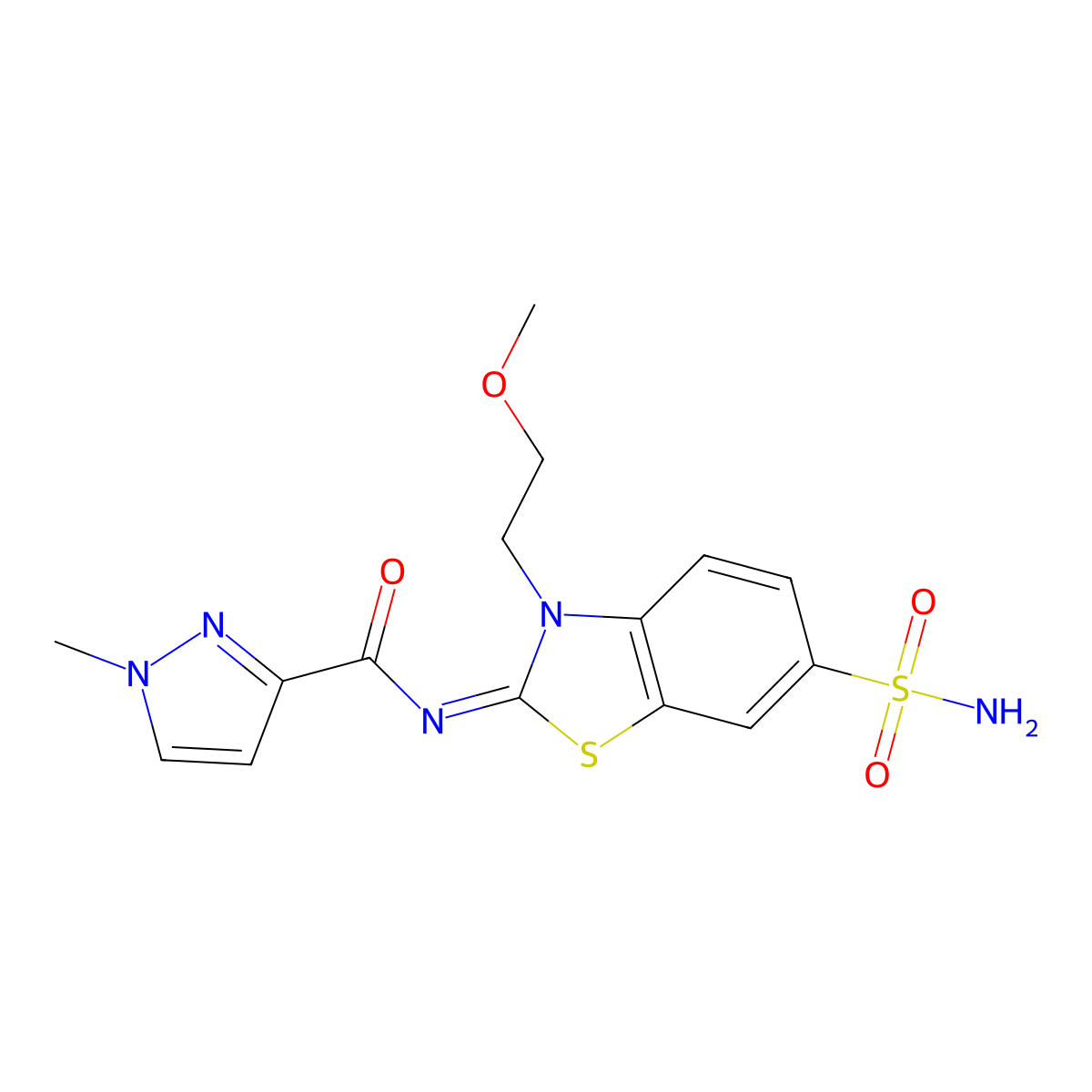 N-(3-(2-methoxyethyl)-6-sulfamoylbenzo[d]thiazol-2(3H)-ylidene)-1-methyl-1H-pyrazole-3-carboxamide molecular structure, CAS 1173494-39-7