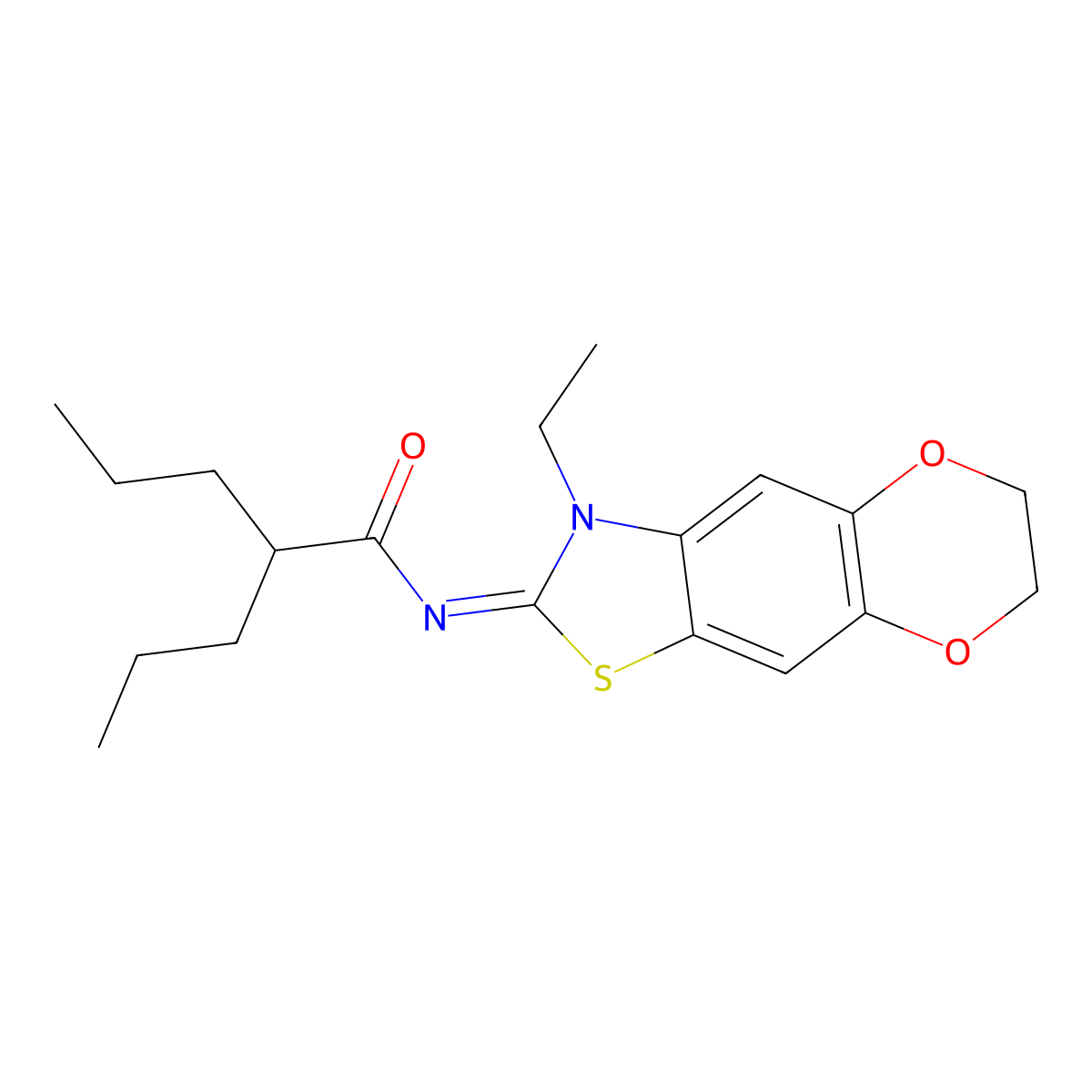 N-[(5E)-6-ethyl-10,13-dioxa-4-thia-6-azatricyclo[7.4.0.0^{3,7}]trideca-1,3(7),8-trien-5-ylidene]-2-propylpentanamide molecular structure, CAS 1173496-57-5