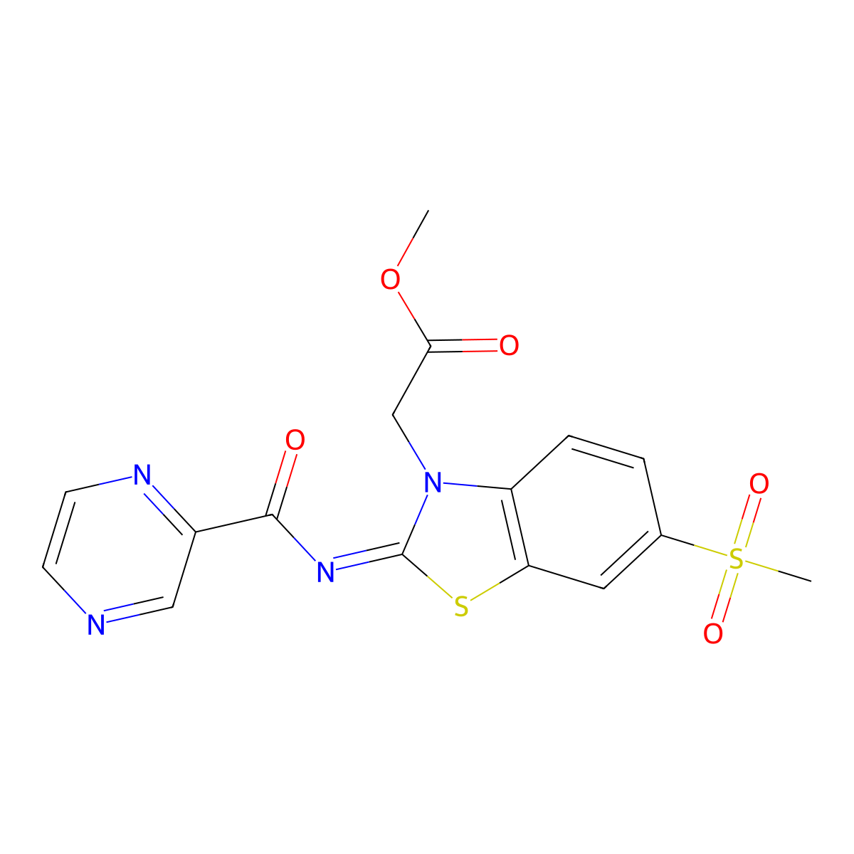 (E)-methyl 2-(6-(methylsulfonyl)-2-((pyrazine-2-carbonyl)imino)benzo[d]thiazol-3(2H)-yl)acetate molecular structure, CAS 1173500-17-8