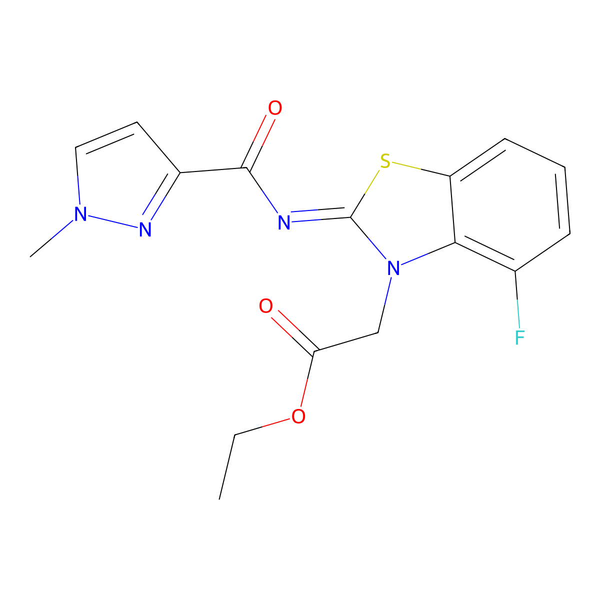(Z)-ethyl 2-(4-fluoro-2-((1-methyl-1H-pyrazole-3-carbonyl)imino)benzo[d]thiazol-3(2H)-yl)acetate molecular structure, CAS 1173500-70-3