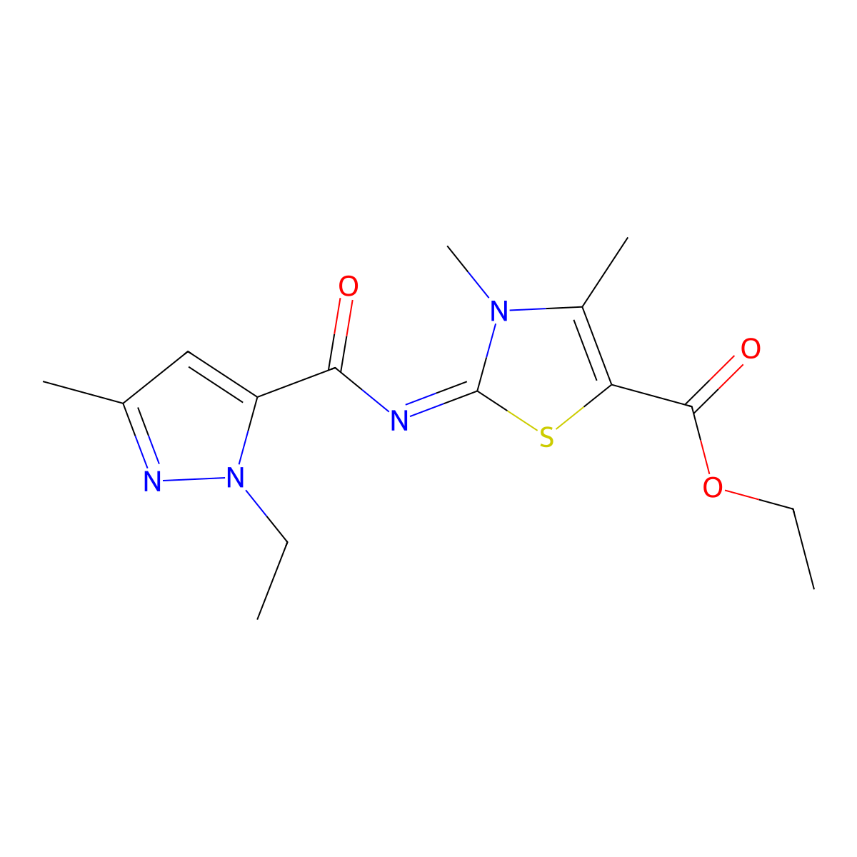 (E)-ethyl 2-((1-ethyl-3-methyl-1H-pyrazole-5-carbonyl)imino)-3,4-dimethyl-2,3-dihydrothiazole-5-carboxylate molecular structure, CAS 1173501-60-4