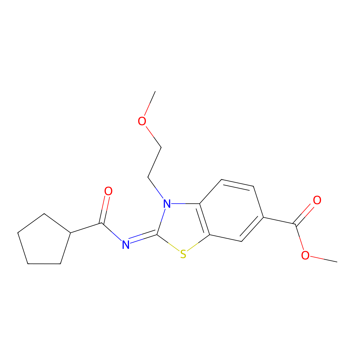 (E)-methyl 2-((cyclopentanecarbonyl)imino)-3-(2-methoxyethyl)-2,3-dihydrobenzo[d]thiazole-6-carboxylate molecular structure, CAS 1173507-78-2