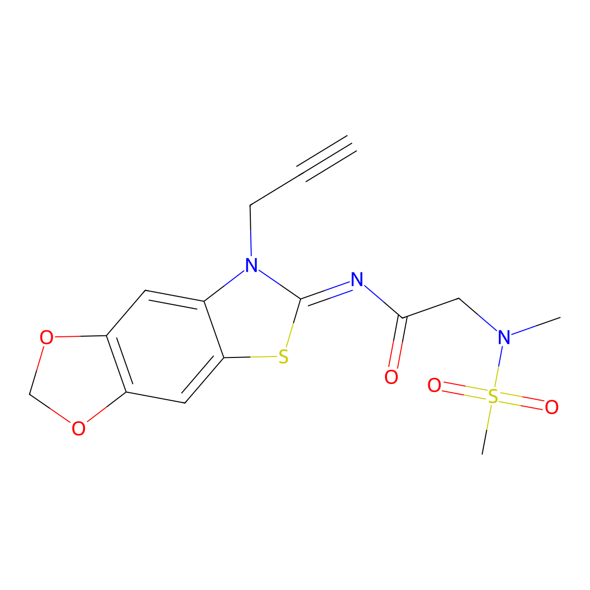 (E)-2-(N-methylmethylsulfonamido)-N-(7-(prop-2-yn-1-yl)-[1,3]dioxolo[4',5':4,5]benzo[1,2-d]thiazol-6(7H)-ylidene)acetamide molecular structure, CAS 1173508-81-0