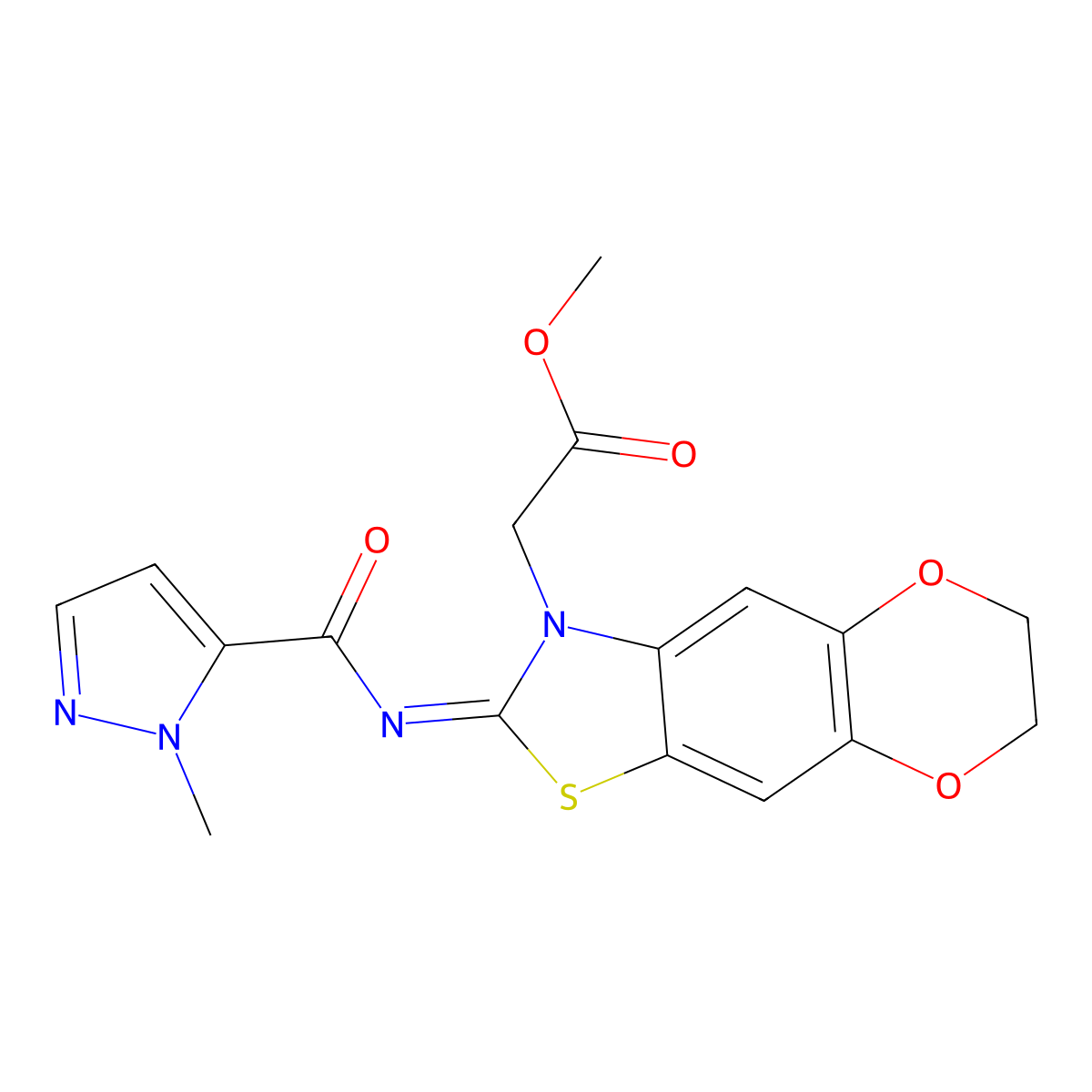 (E)-methyl 2-(2-((1-methyl-1H-pyrazole-5-carbonyl)imino)-6,7-dihydro-[1,4]dioxino[2',3':4,5]benzo[1,2-d]thiazol-3(2H)-yl)acetate molecular structure, CAS 1173511-38-0