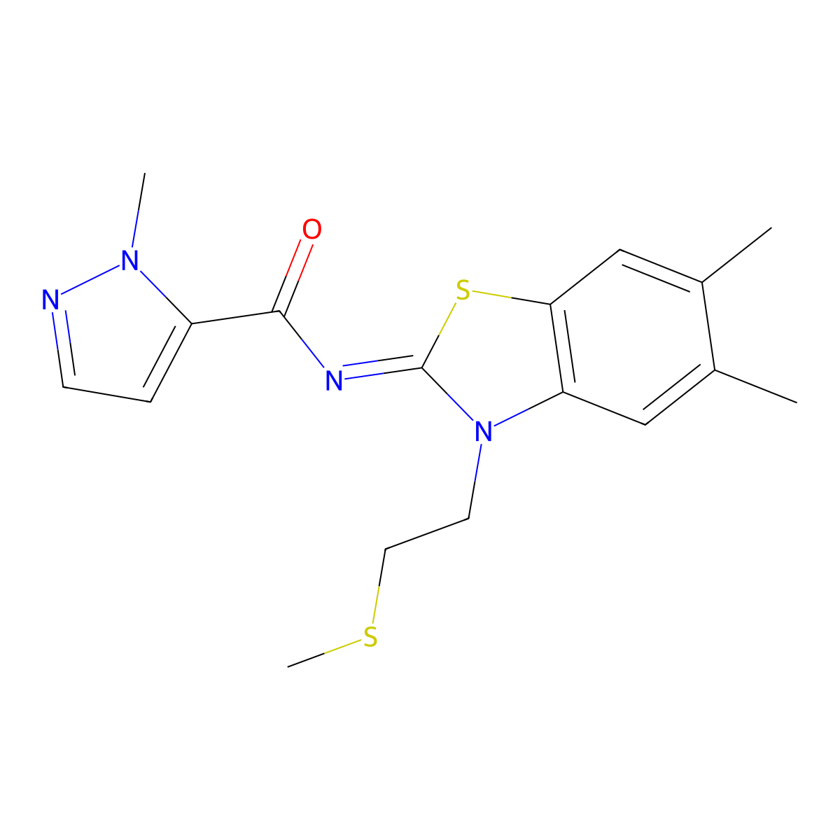 (E)-N-(5,6-dimethyl-3-(2-(methylthio)ethyl)benzo[d]thiazol-2(3H)-ylidene)-1-methyl-1H-pyrazole-5-carboxamide molecular structure, CAS 1173512-87-2