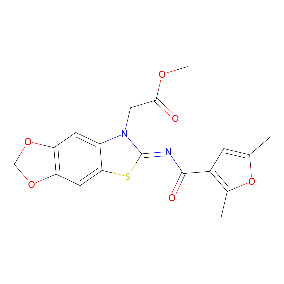 (E)-methyl 2-(6-((2,5-dimethylfuran-3-carbonyl)imino)-[1,3]dioxolo[4',5':4,5]benzo[1,2-d]thiazol-7(6H)-yl)acetate molecular structure, CAS 1173513-11-5