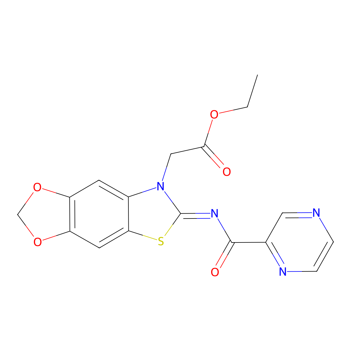 (E)-ethyl 2-(6-((pyrazine-2-carbonyl)imino)-[1,3]dioxolo[4',5':4,5]benzo[1,2-d]thiazol-7(6H)-yl)acetate molecular structure, CAS 1173517-58-2