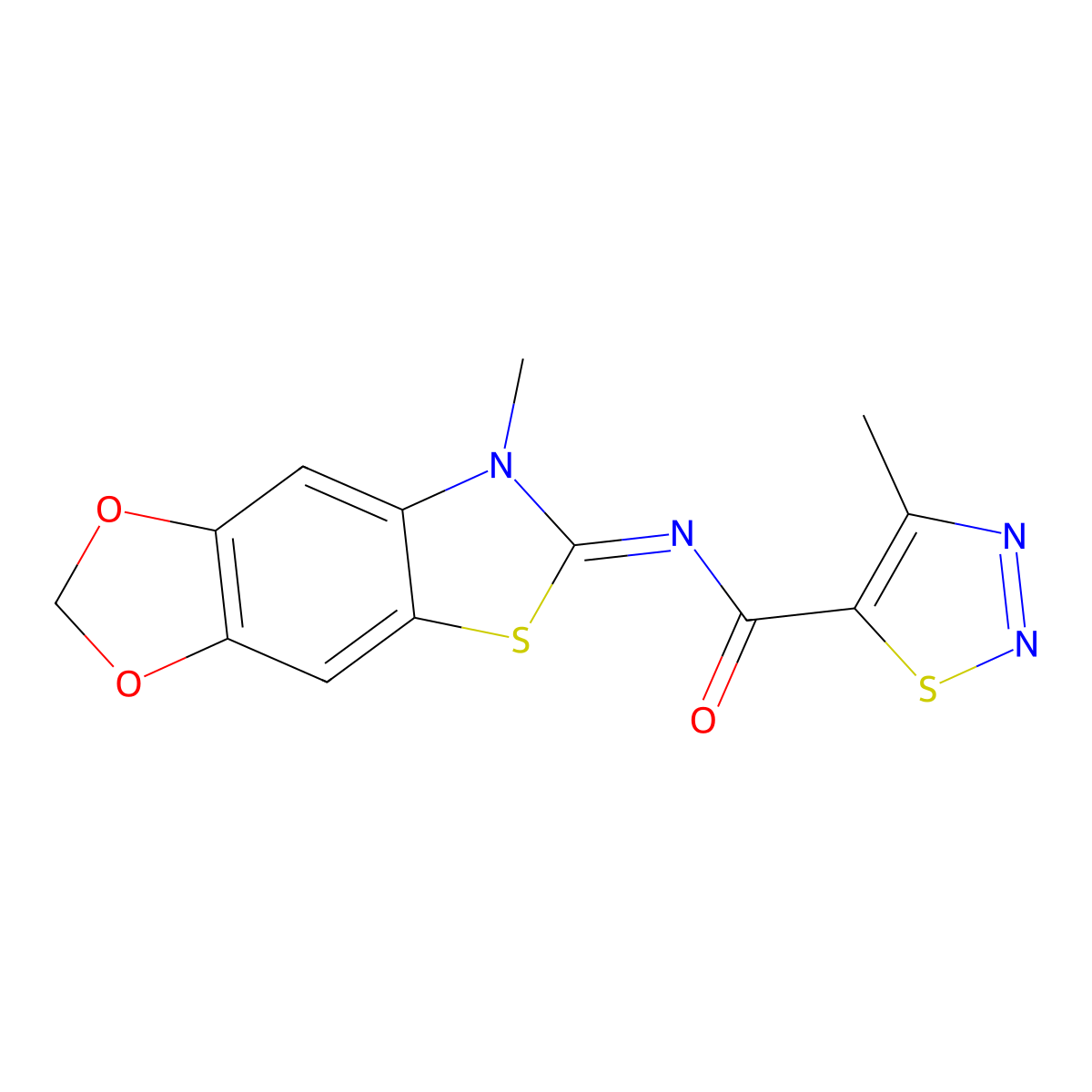 4-methyl-N-[(11Z)-12-methyl-4,6-dioxa-10-thia-12-azatricyclo[7.3.0.0^{3,7}]dodeca-1(9),2,7-trien-11-ylidene]-1,2,3-thiadiazole-5-carboxamide molecular structure, CAS 1173523-59-5