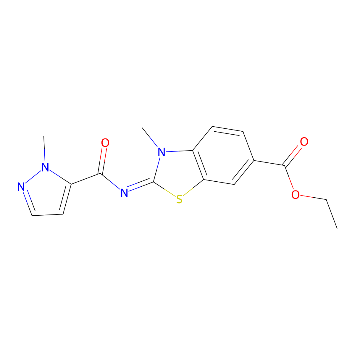 (E)-ethyl 3-methyl-2-((1-methyl-1H-pyrazole-5-carbonyl)imino)-2,3-dihydrobenzo[d]thiazole-6-carboxylate molecular structure, CAS 1173527-18-8